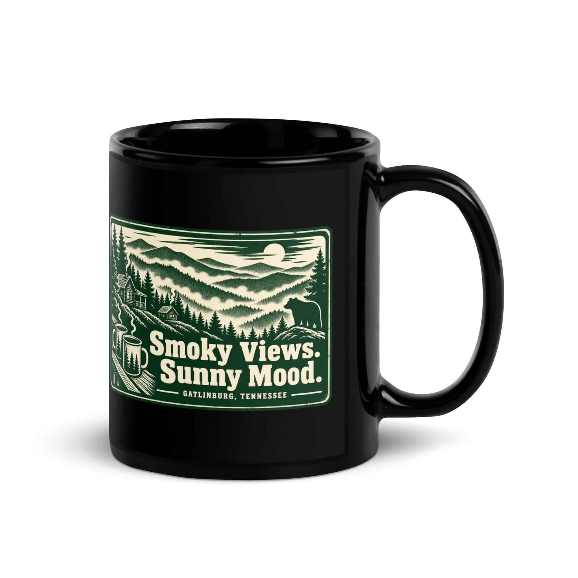 Gatlinburg and the Smokies Black Coffee Mug: Smoky Views. Sunny Mood, Forest Ink Stamp