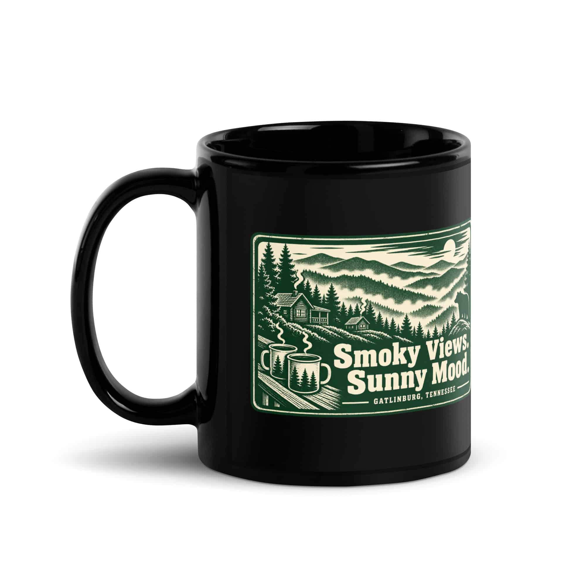 Gatlinburg and the Smokies Black Coffee Mug: Smoky Views. Sunny Mood, Forest Ink Stamp