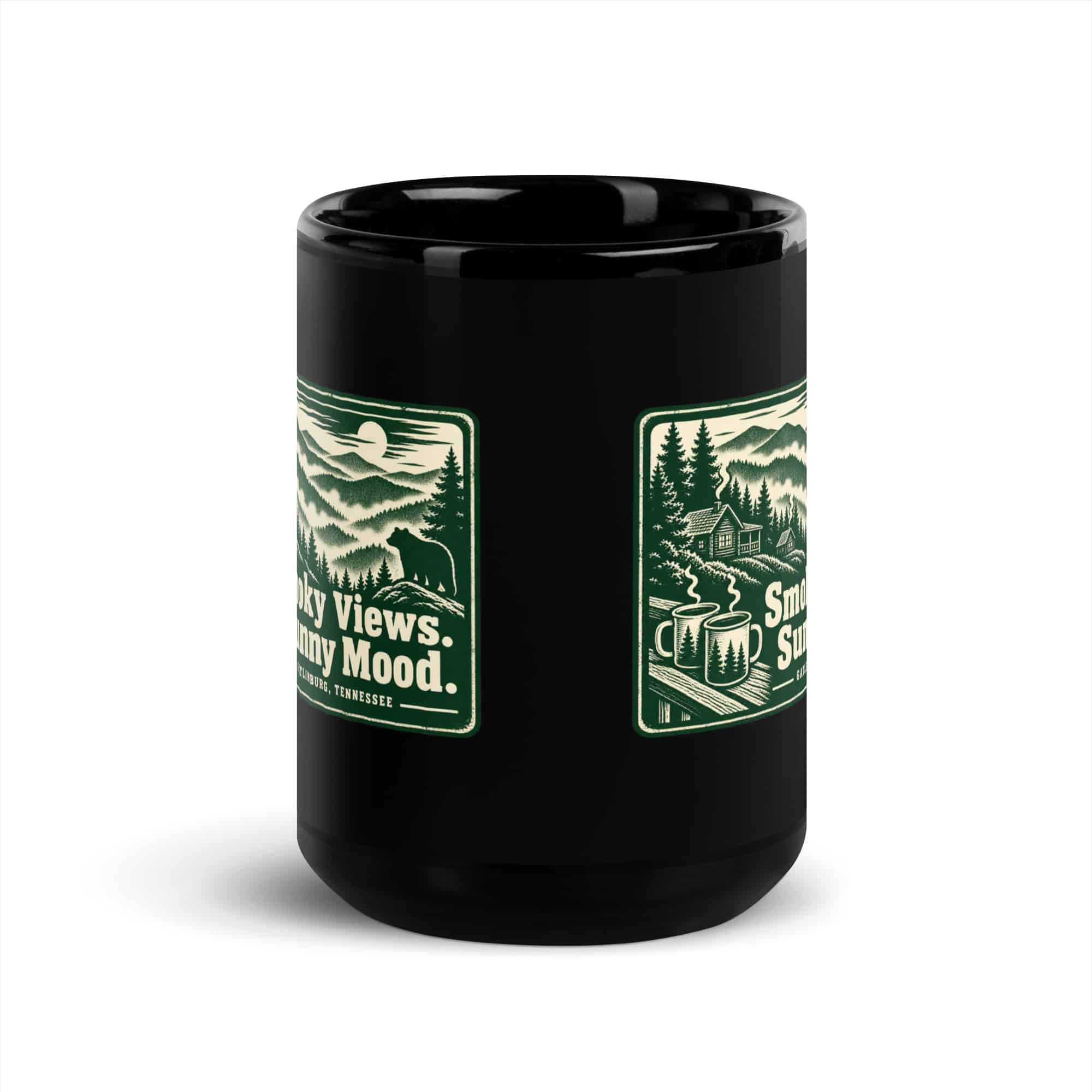 Gatlinburg and the Smokies Black Coffee Mug: Smoky Views. Sunny Mood, Forest Ink Stamp