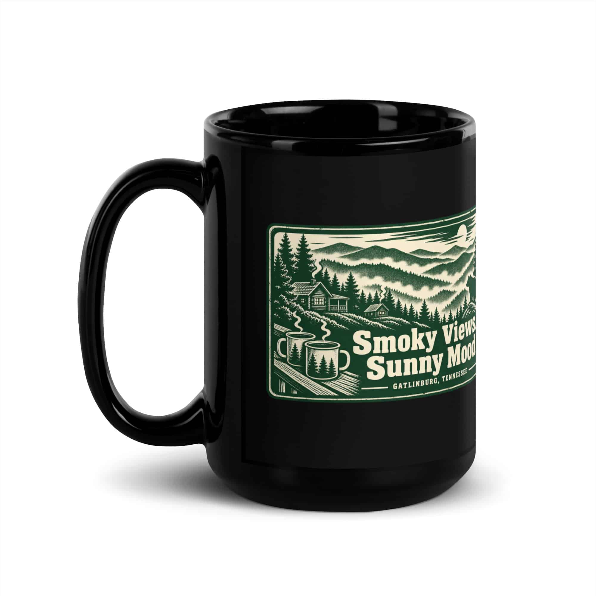 Gatlinburg and the Smokies Black Coffee Mug: Smoky Views. Sunny Mood, Forest Ink Stamp