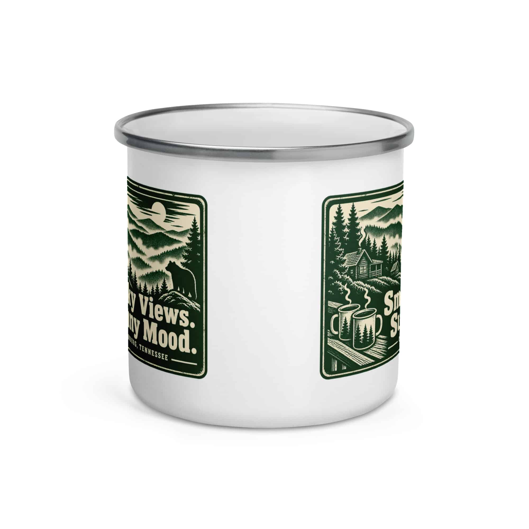 Gatlinburg and the Smokies Enamel Camp Mug: Smoky Views. Sunny Mood, Forest Ink Stamp