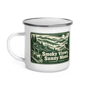 Gatlinburg and the Smokies Enamel Camp Mug: Smoky Views. Sunny Mood, Forest Ink Stamp - 12 oz - Left