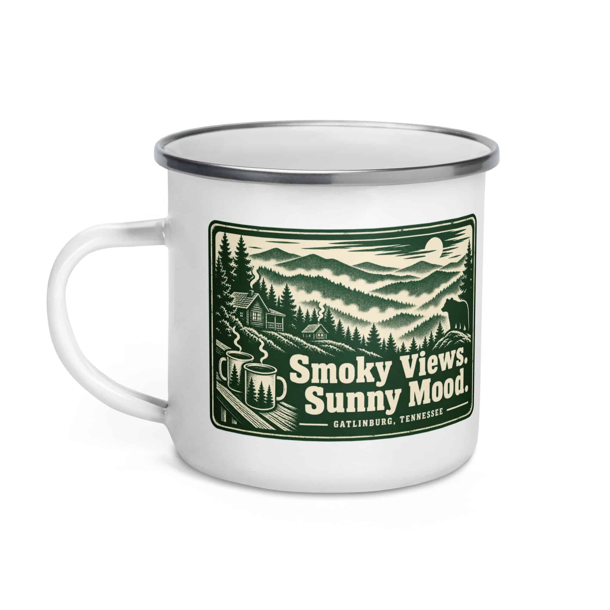 Gatlinburg and the Smokies Enamel Camp Mug: Smoky Views. Sunny Mood, Forest Ink Stamp