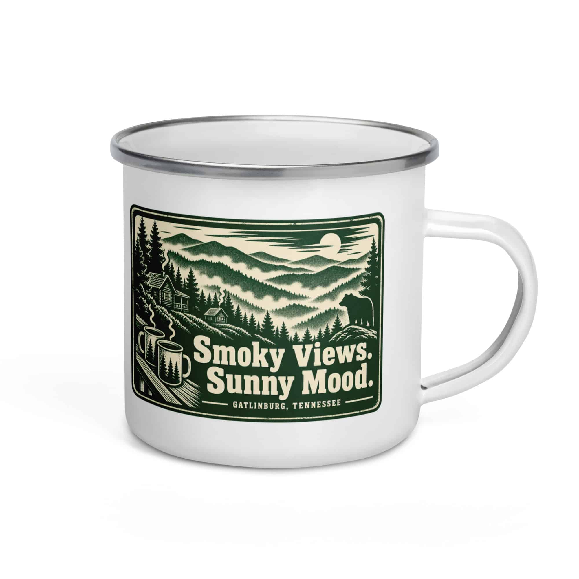 Gatlinburg and the Smokies Enamel Camp Mug: Smoky Views. Sunny Mood, Forest Ink Stamp