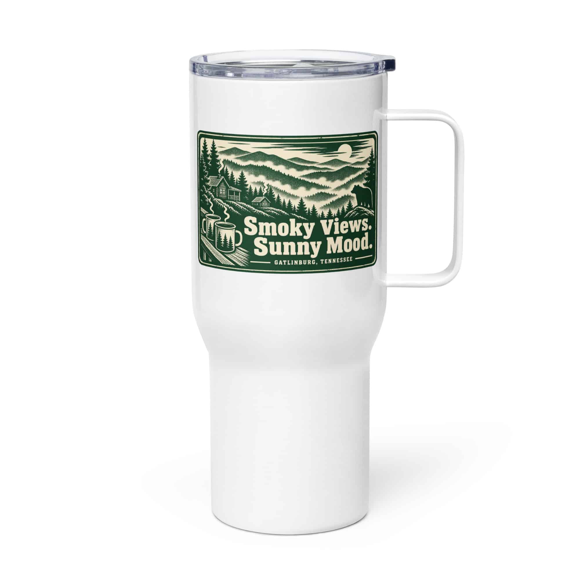 Gatlinburg and the Smokies Travel Mug: Smoky Views. Sunny Mood, Forest Ink Stamp