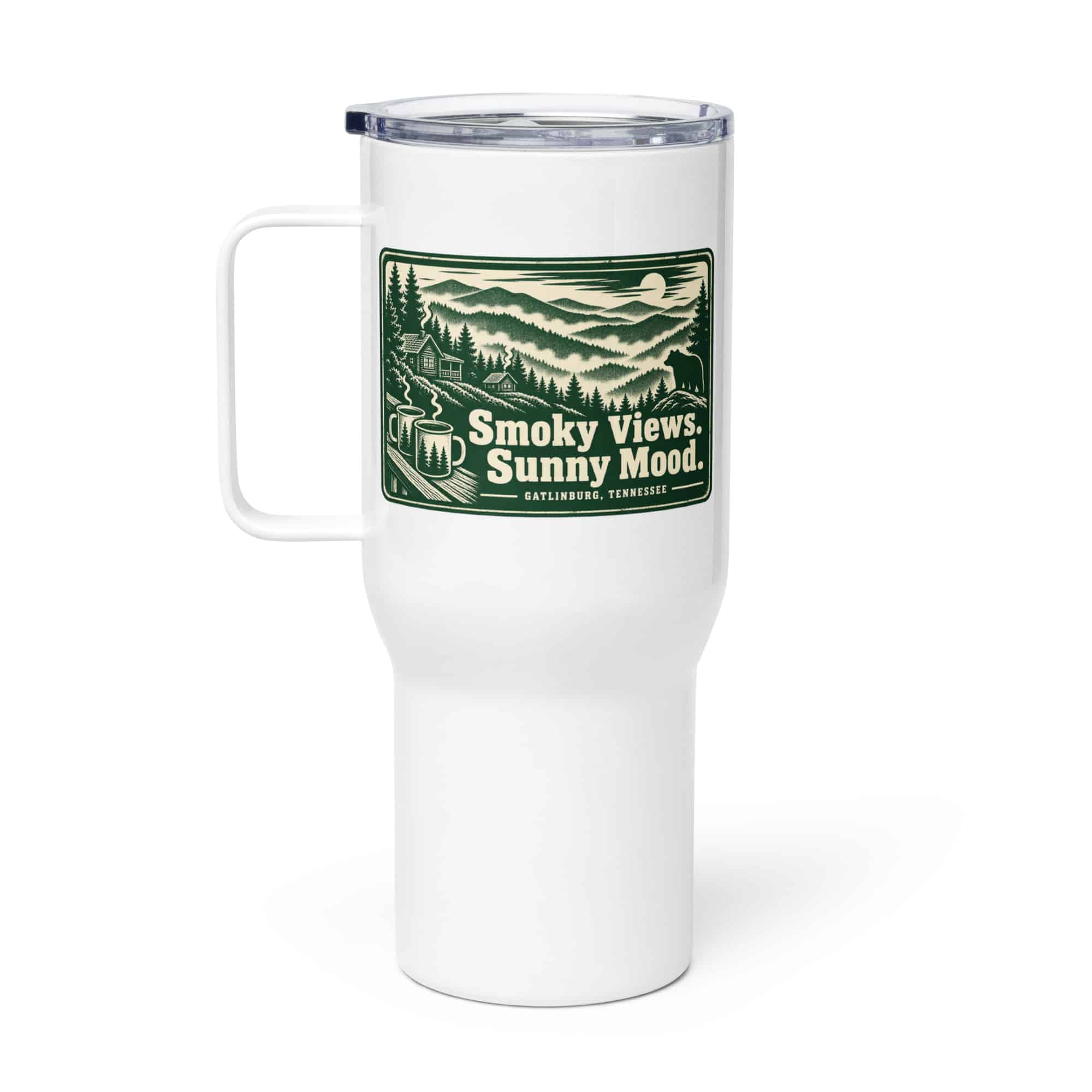 Gatlinburg and the Smokies Travel Mug: Smoky Views. Sunny Mood, Forest Ink Stamp