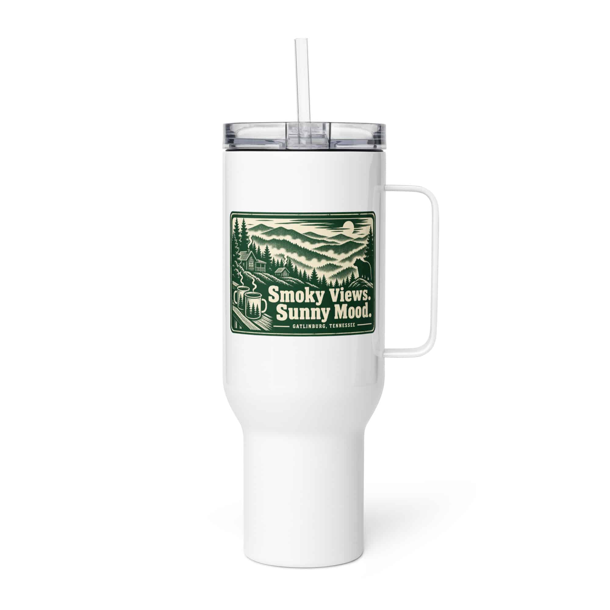 Gatlinburg and the Smokies Travel Mug: Smoky Views. Sunny Mood, Forest Ink Stamp