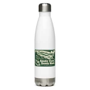 Gatlinburg and the Smokies Stainless Steel Water Bottle: Smoky Views. Sunny Mood, Forest Ink Stamp - 17 oz - Main