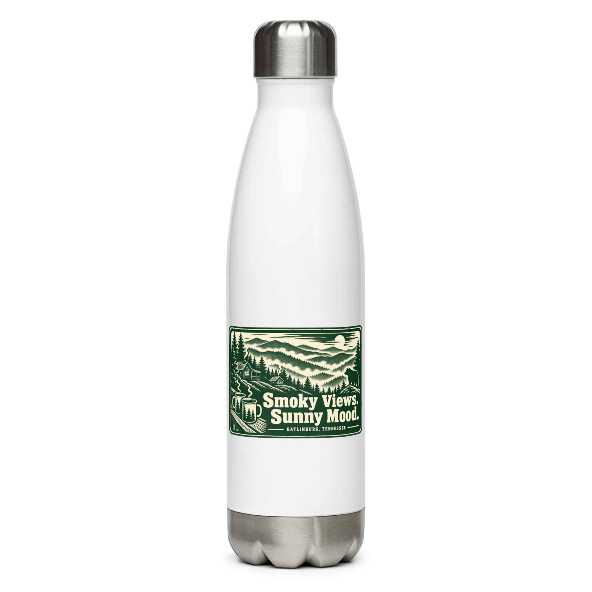 Gatlinburg and the Smokies Stainless Steel Water Bottle: Smoky Views. Sunny Mood, Forest Ink Stamp