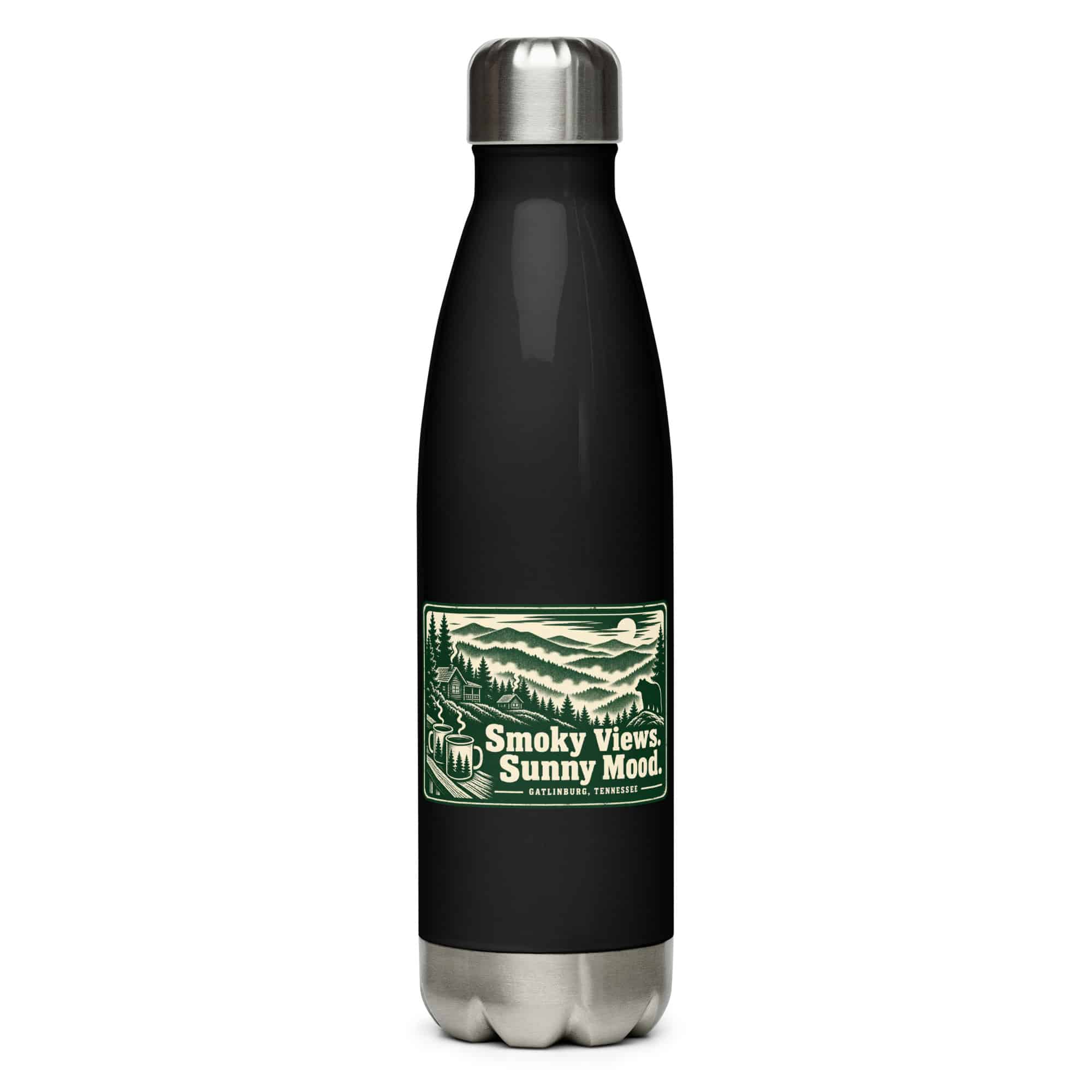 Gatlinburg and the Smokies Stainless Steel Water Bottle: Smoky Views. Sunny Mood, Forest Ink Stamp