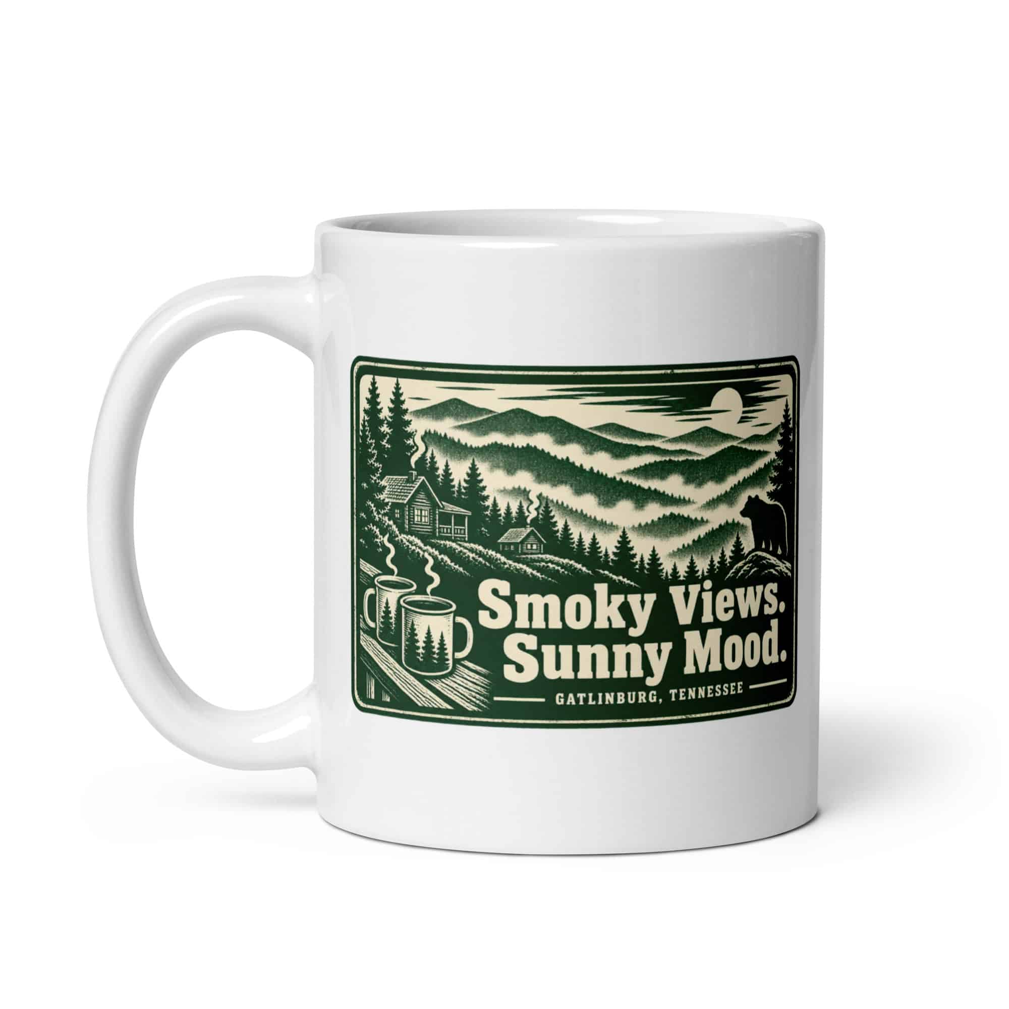 Gatlinburg and the Smokies White Ceramic Coffee Mug: Smoky Views. Sunny Mood, Forest Ink Stamp