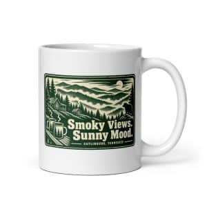 Gatlinburg and the Smokies White Ceramic Coffee Mug: Smoky Views. Sunny Mood, Forest Ink Stamp - 11 oz - Main