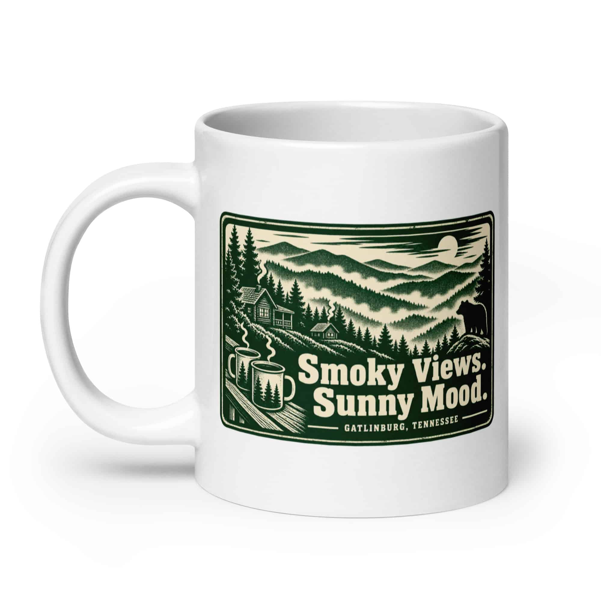 Gatlinburg and the Smokies White Ceramic Coffee Mug: Smoky Views. Sunny Mood, Forest Ink Stamp