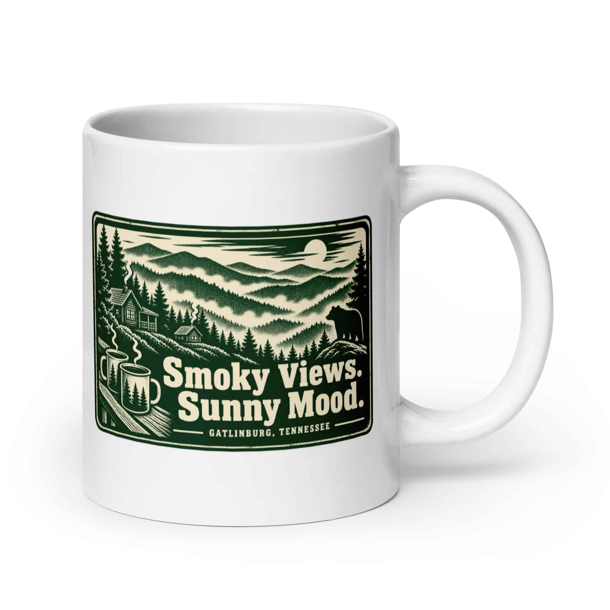 Gatlinburg and the Smokies White Ceramic Coffee Mug: Smoky Views. Sunny Mood, Forest Ink Stamp