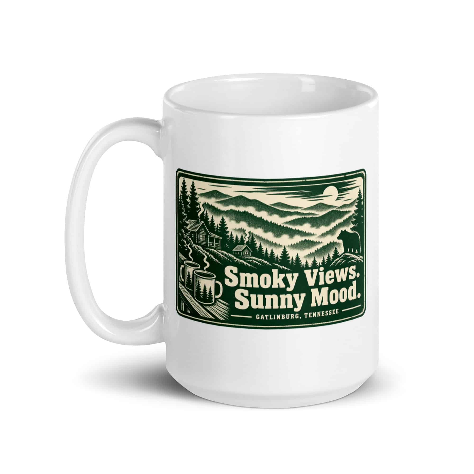 Gatlinburg and the Smokies White Ceramic Coffee Mug: Smoky Views. Sunny Mood, Forest Ink Stamp
