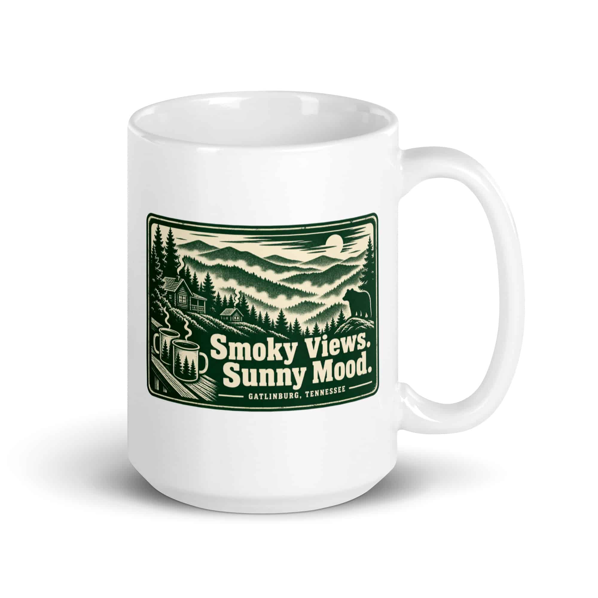 Gatlinburg and the Smokies White Ceramic Coffee Mug: Smoky Views. Sunny Mood, Forest Ink Stamp