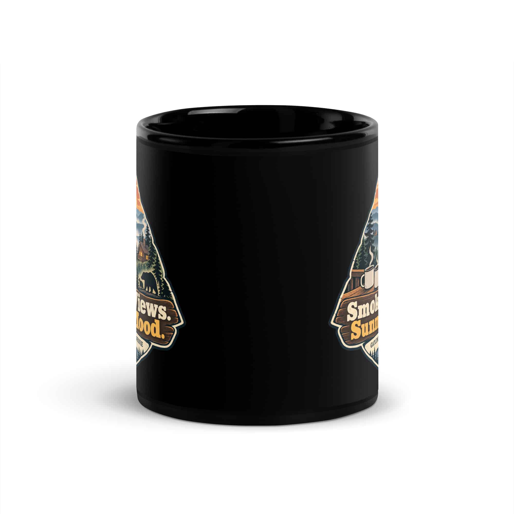 Gatlinburg and the Smokies Black Coffee Mug: Smoky Views. Sunny Mood, Scenic Shield Badge