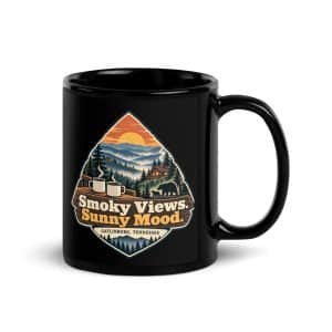 Gatlinburg and the Smokies Black Coffee Mug: Smoky Views. Sunny Mood, Scenic Shield Badge - 11 oz - Handle on Right