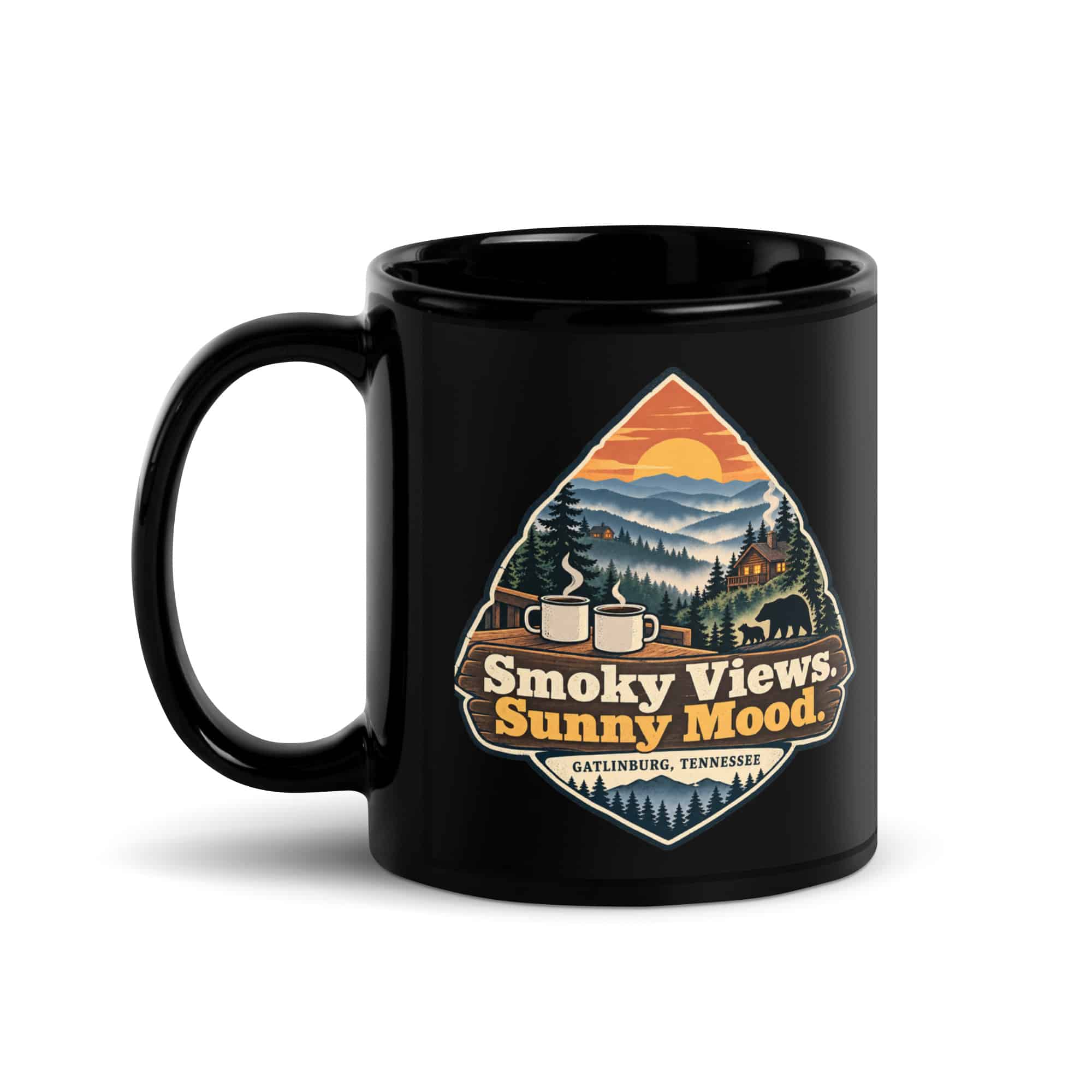 Gatlinburg and the Smokies Black Coffee Mug: Smoky Views. Sunny Mood, Scenic Shield Badge