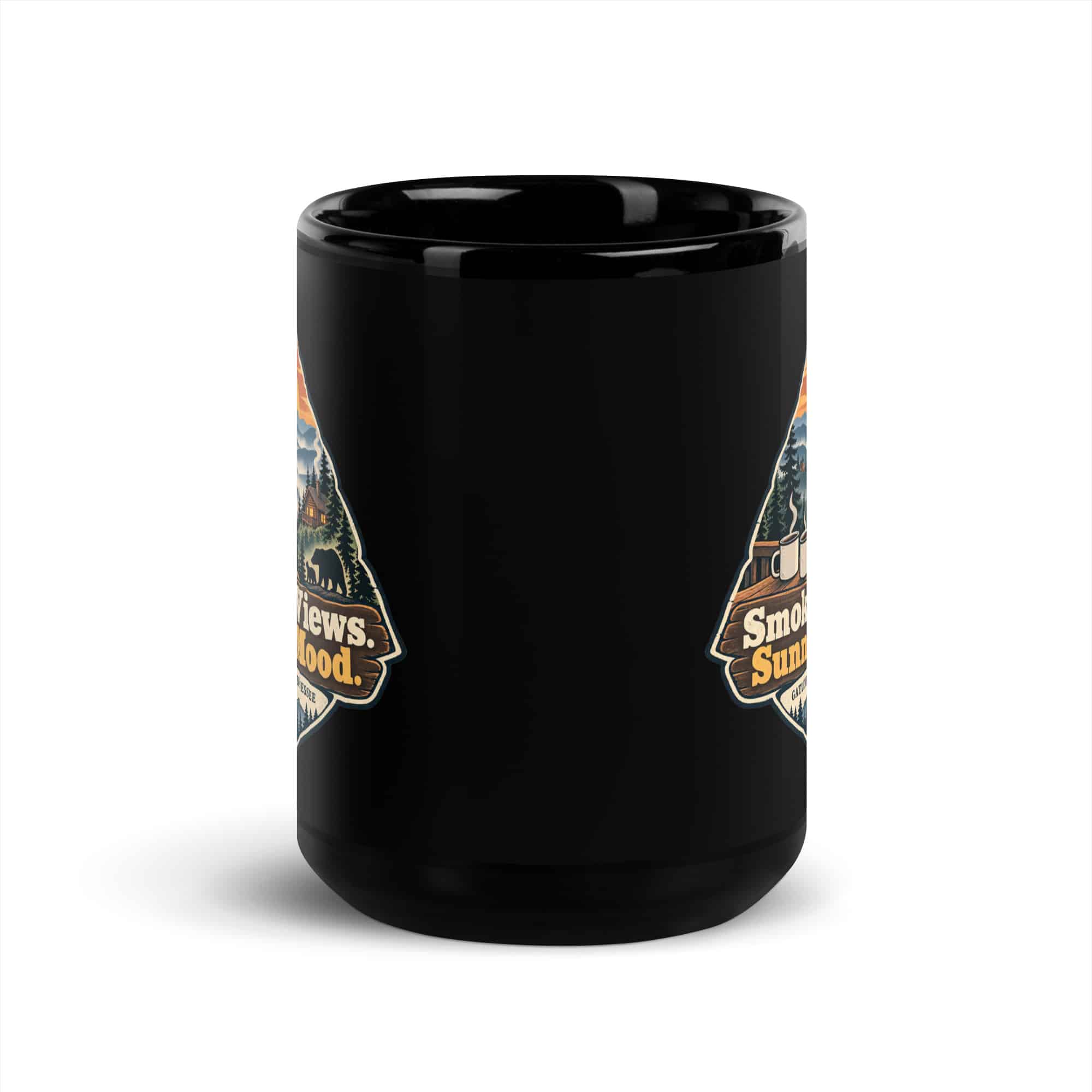 Gatlinburg and the Smokies Black Coffee Mug: Smoky Views. Sunny Mood, Scenic Shield Badge