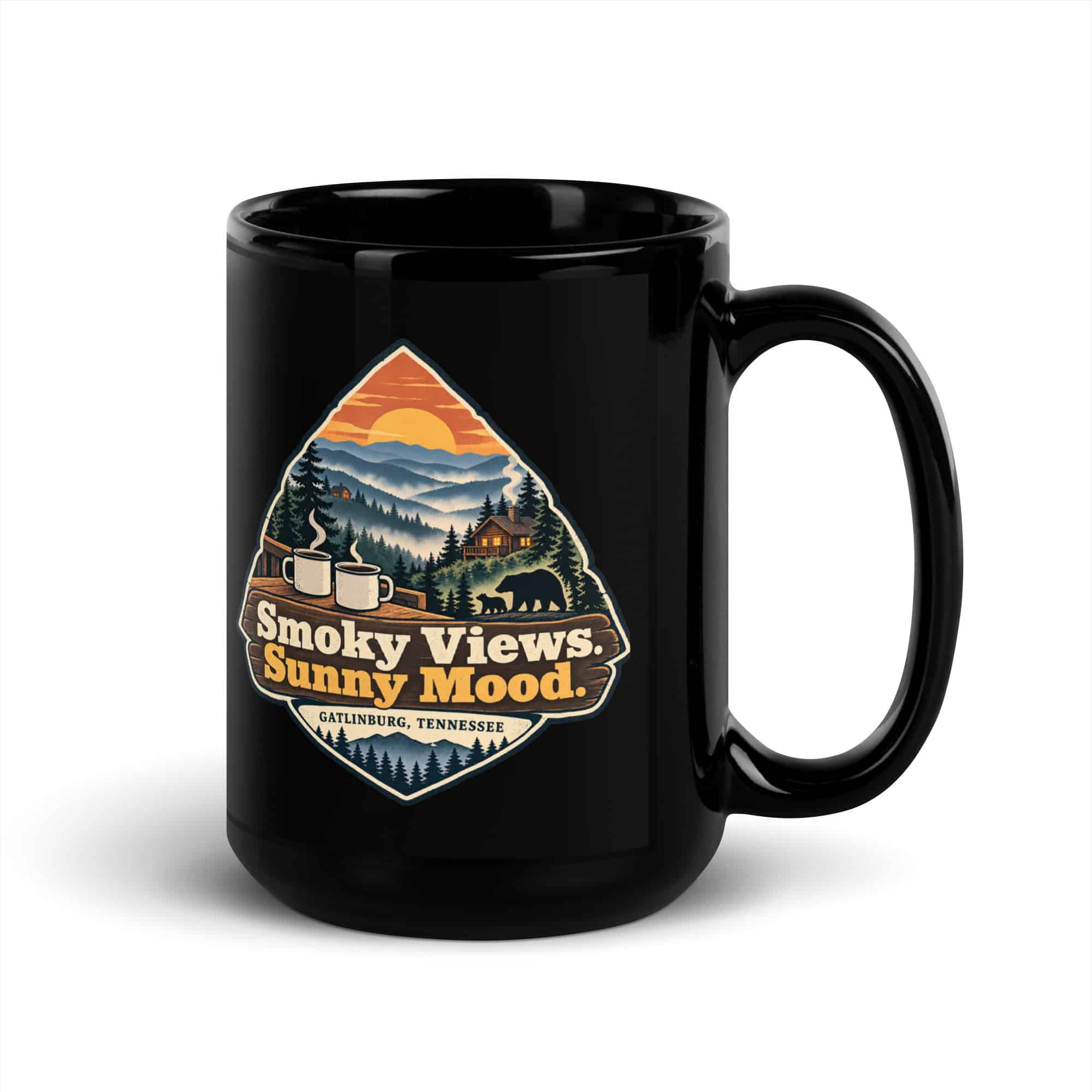 Gatlinburg and the Smokies Black Coffee Mug: Smoky Views. Sunny Mood, Scenic Shield Badge