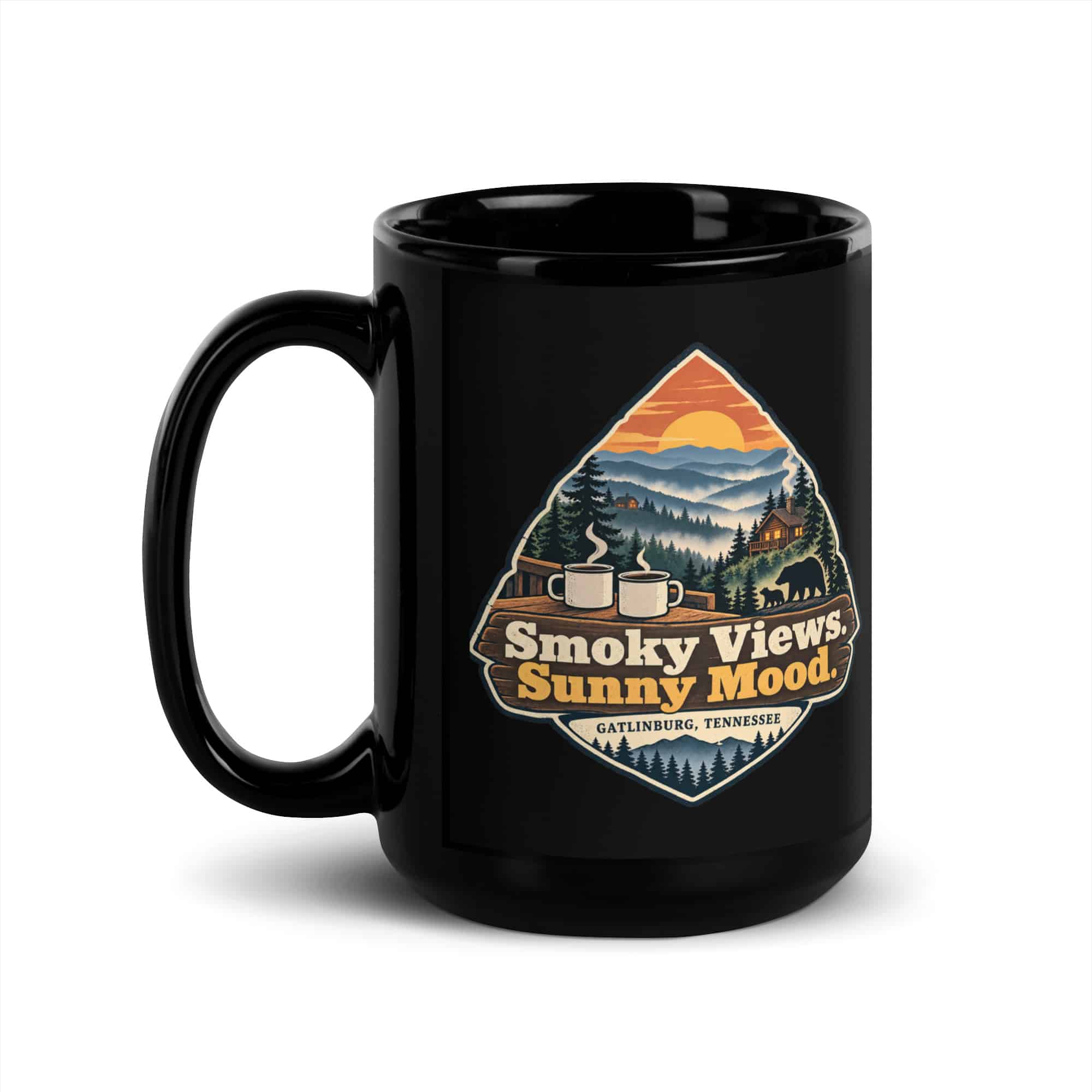 Gatlinburg and the Smokies Black Coffee Mug: Smoky Views. Sunny Mood, Scenic Shield Badge