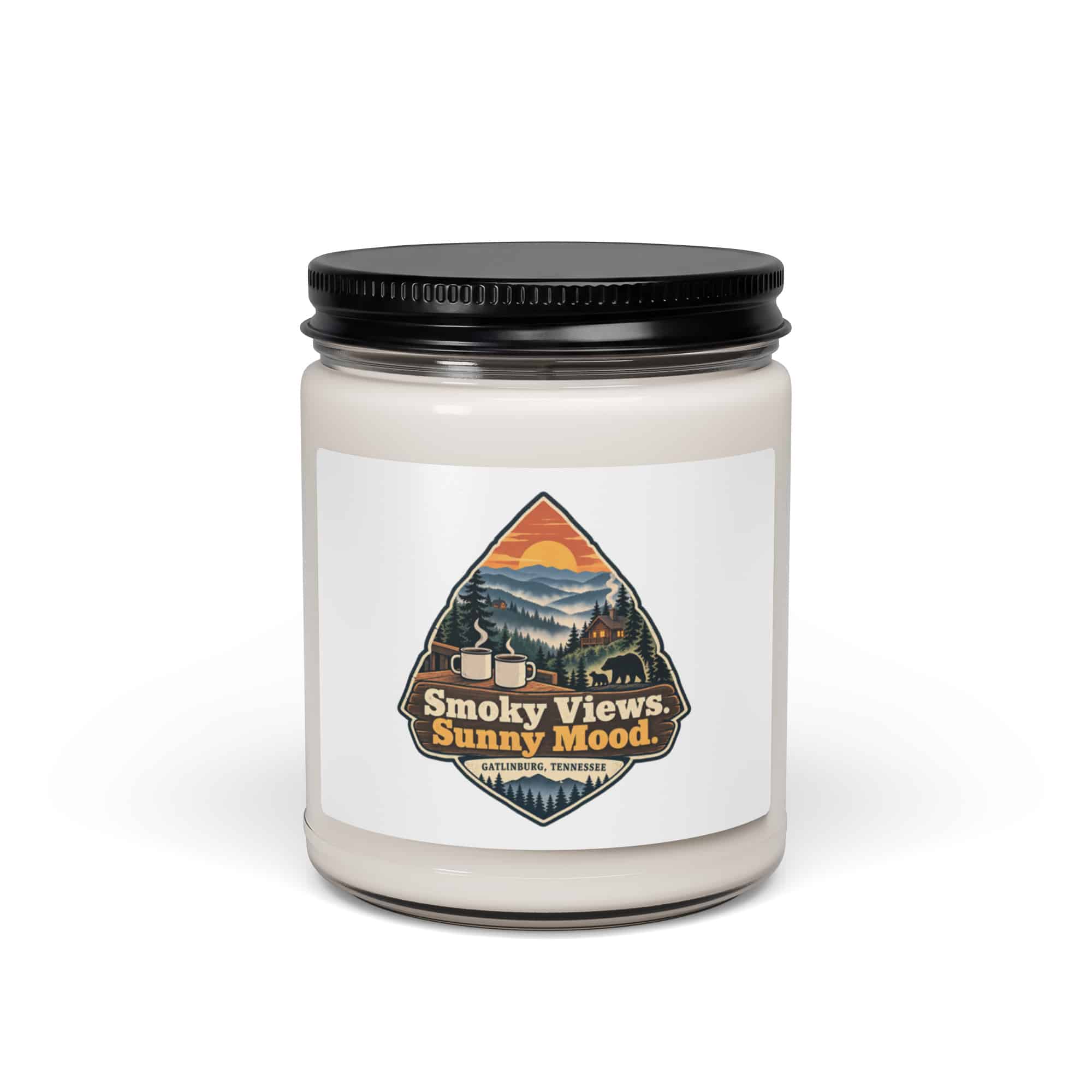 Gatlinburg and the Smokies Soy Wax Candle: Smoky Views. Sunny Mood, Scenic Shield Badge