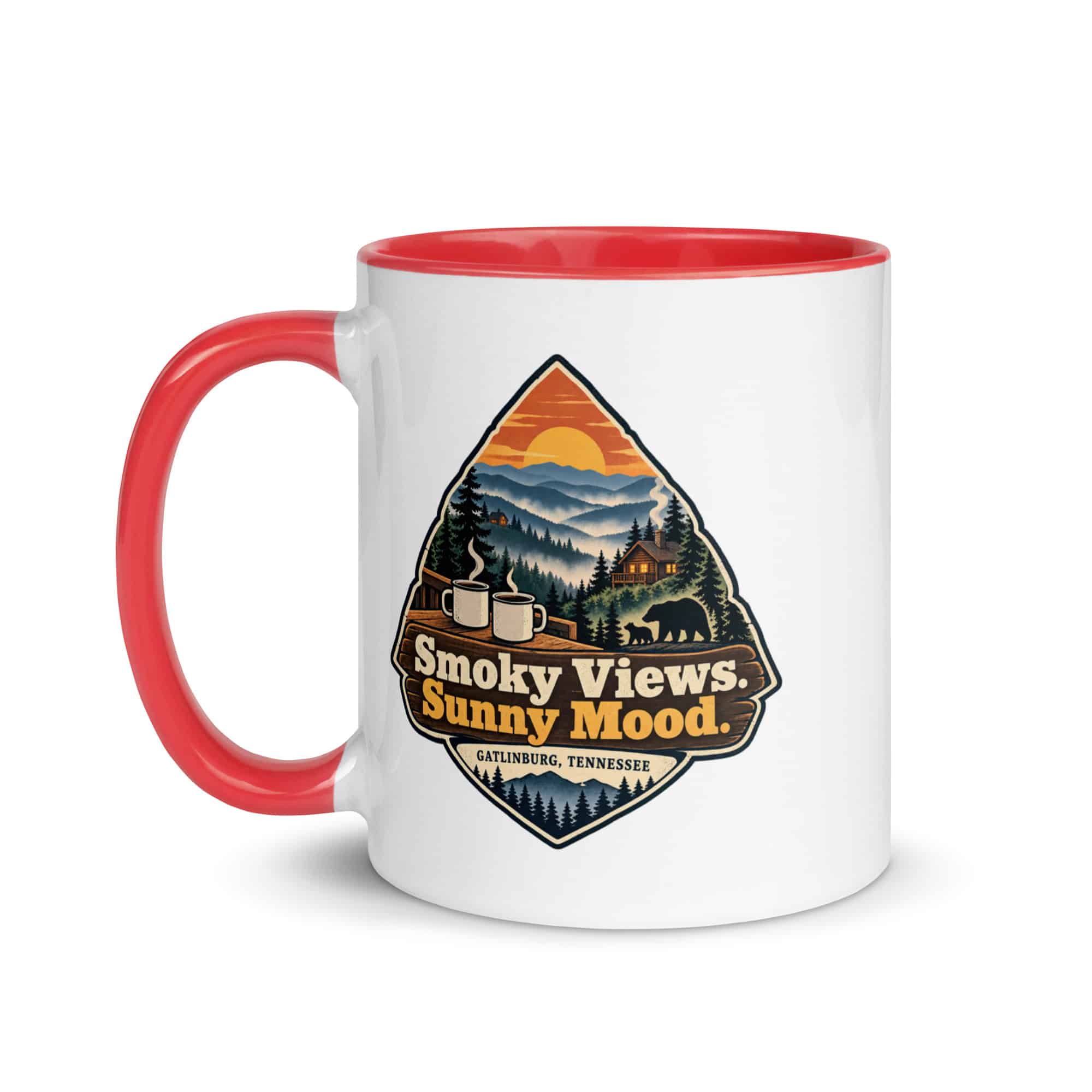 Gatlinburg and the Smokies Color Inside Coffee Mug: Smoky Views. Sunny Mood, Scenic Shield Badge