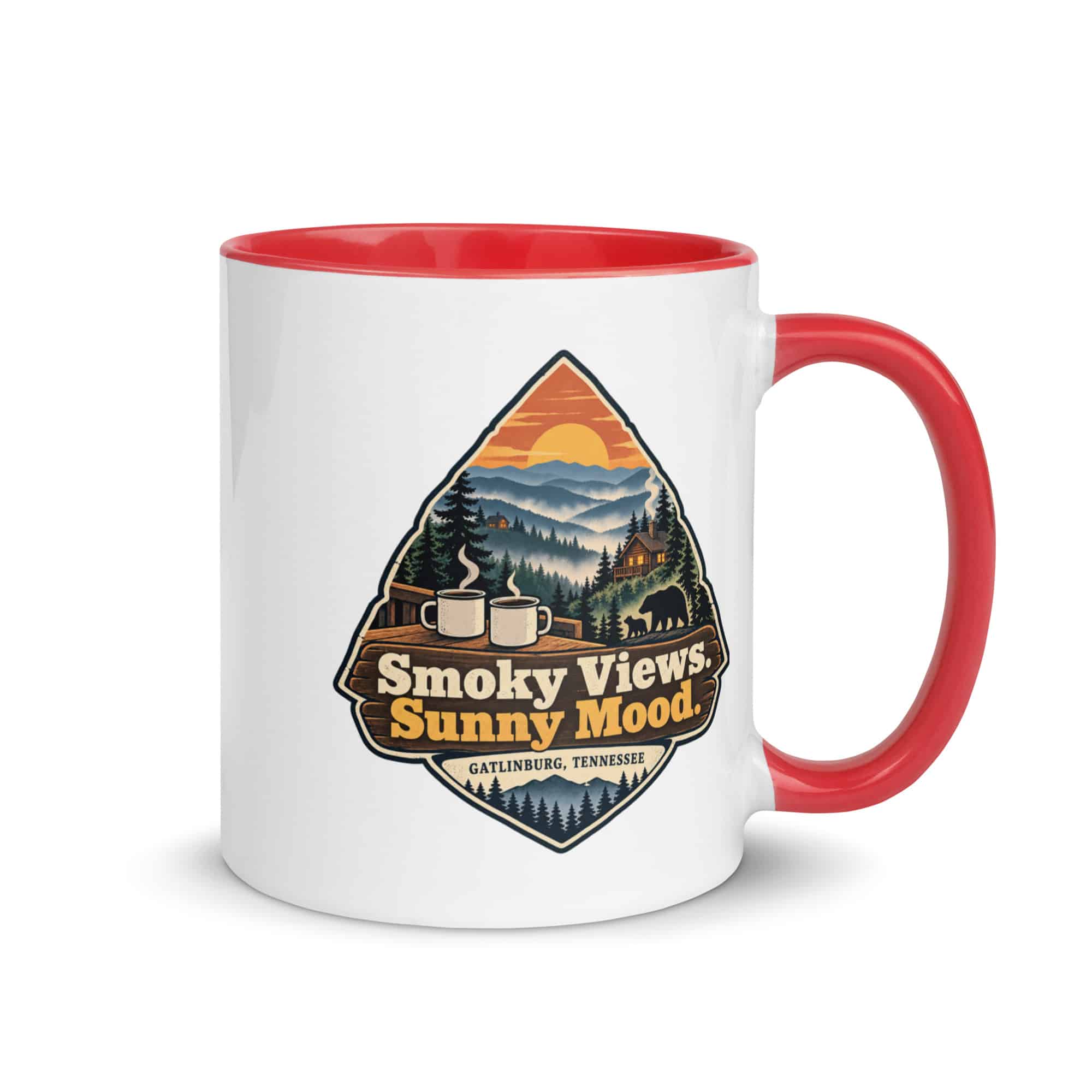 Gatlinburg and the Smokies Color Inside Coffee Mug: Smoky Views. Sunny Mood, Scenic Shield Badge