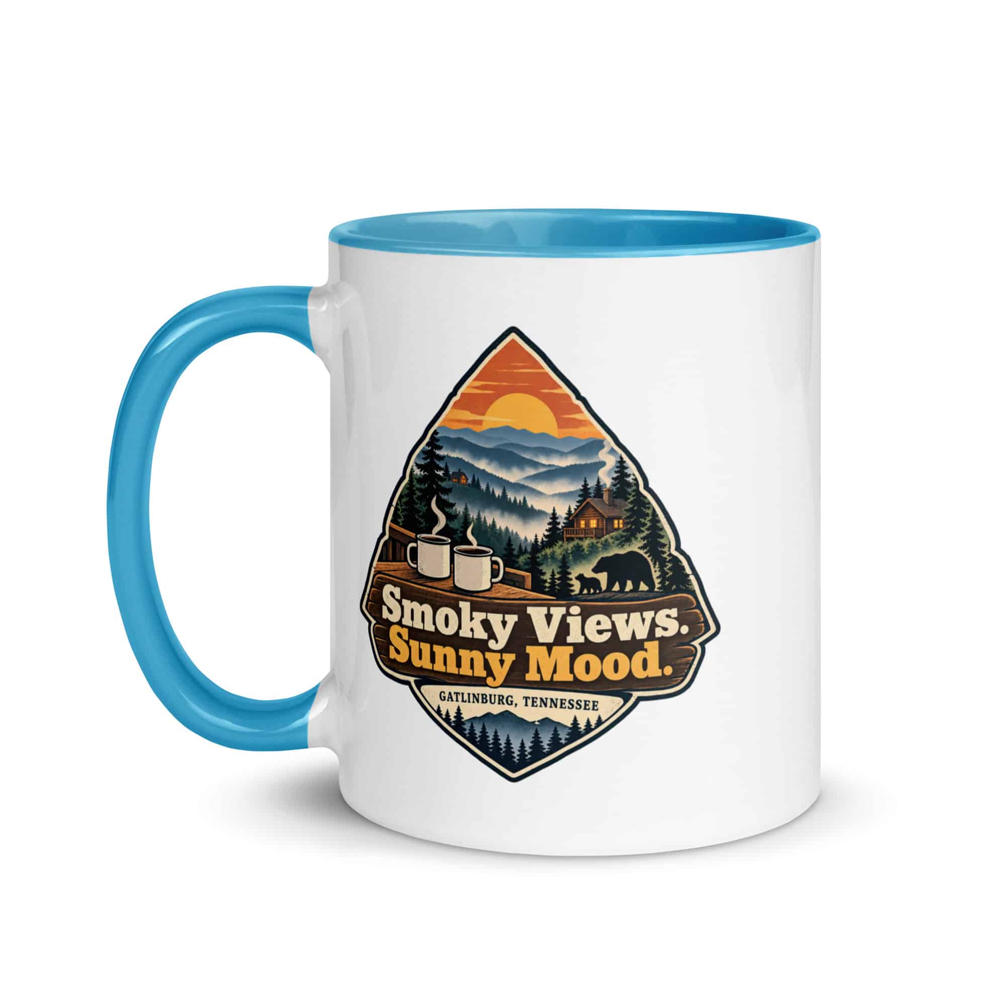 Gatlinburg and the Smokies Color Inside Coffee Mug: Smoky Views. Sunny Mood, Scenic Shield Badge