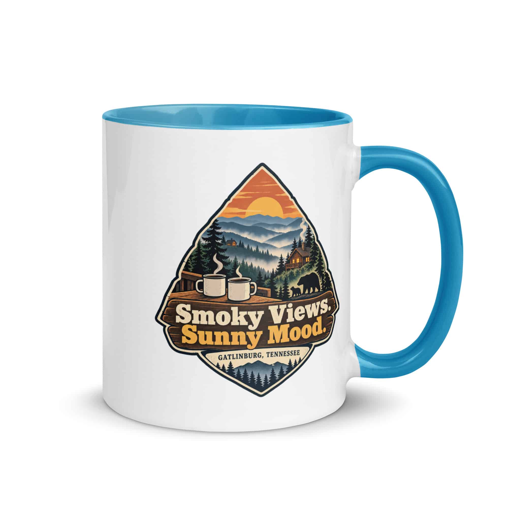 Gatlinburg and the Smokies Color Inside Coffee Mug: Smoky Views. Sunny Mood, Scenic Shield Badge