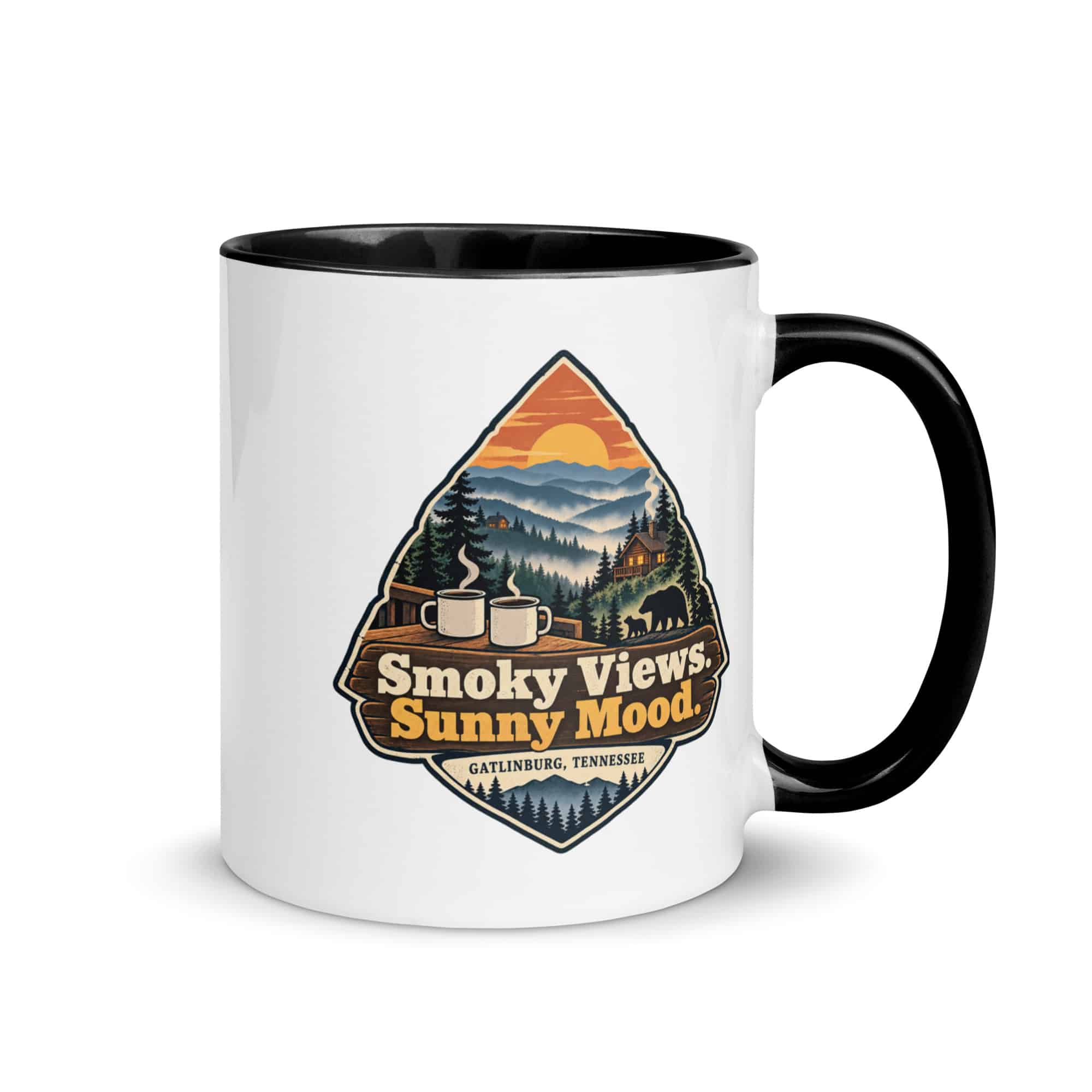 Gatlinburg and the Smokies Color Inside Coffee Mug: Smoky Views. Sunny Mood, Scenic Shield Badge
