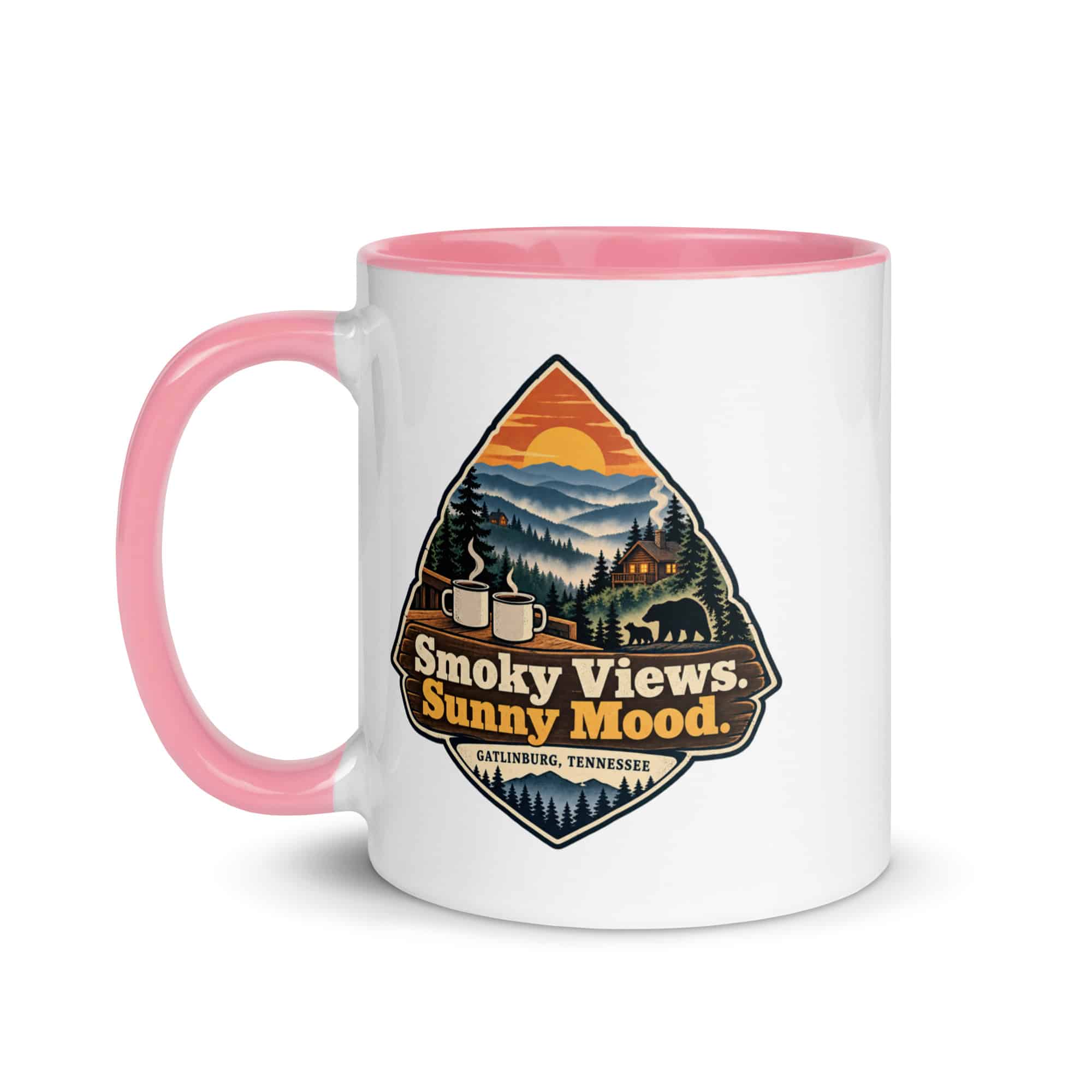 Gatlinburg and the Smokies Color Inside Coffee Mug: Smoky Views. Sunny Mood, Scenic Shield Badge