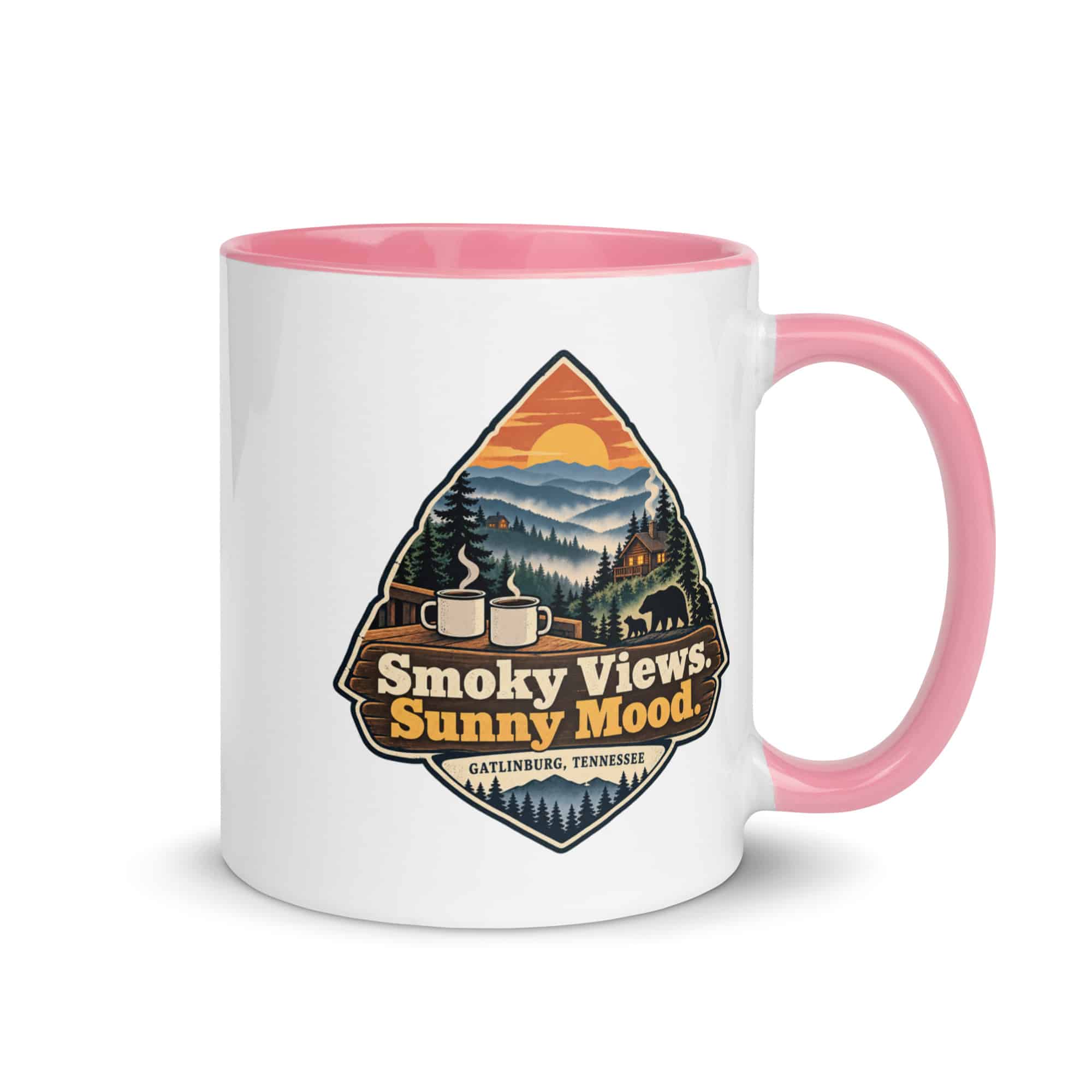 Gatlinburg and the Smokies Color Inside Coffee Mug: Smoky Views. Sunny Mood, Scenic Shield Badge