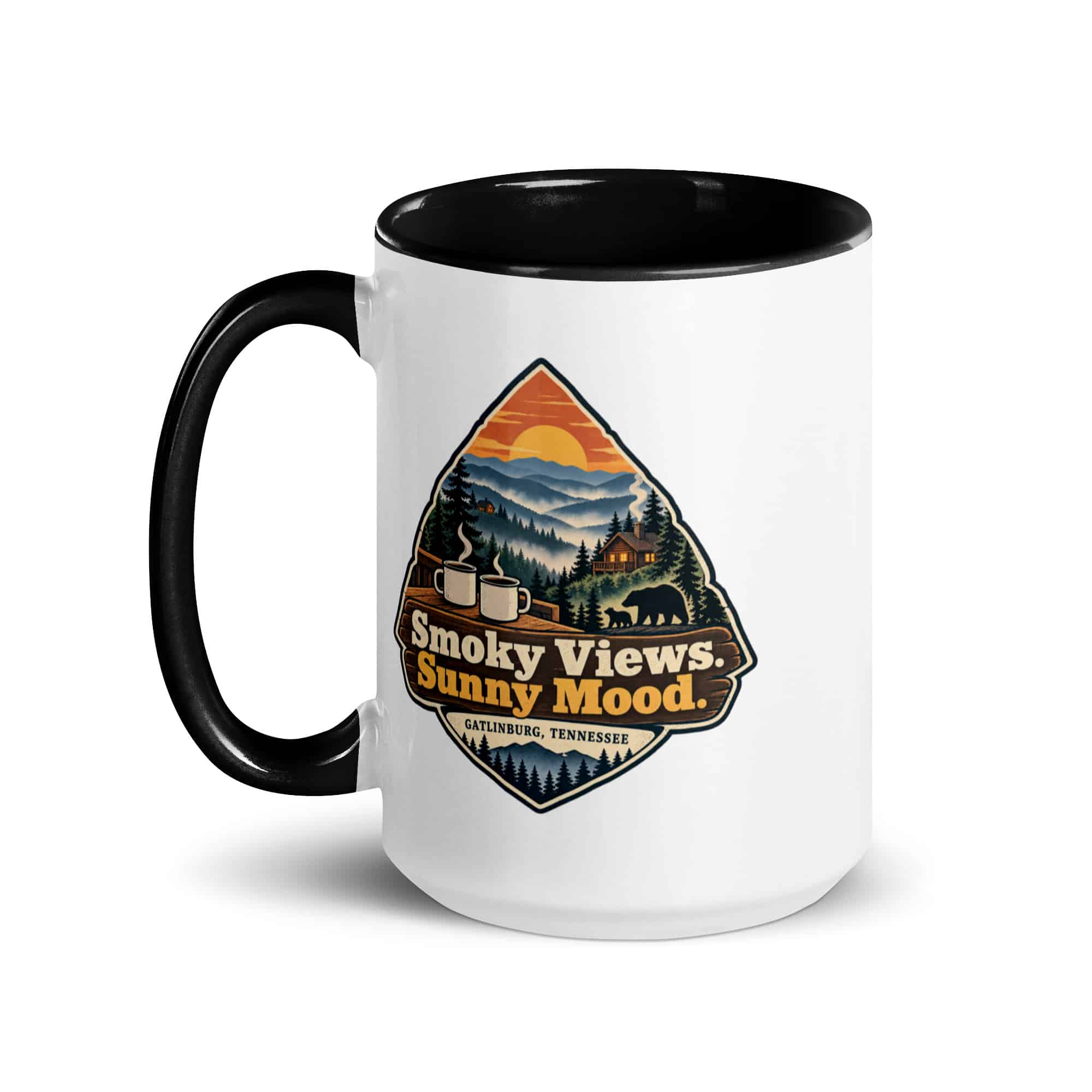 Gatlinburg and the Smokies Color Inside Coffee Mug: Smoky Views. Sunny Mood, Scenic Shield Badge