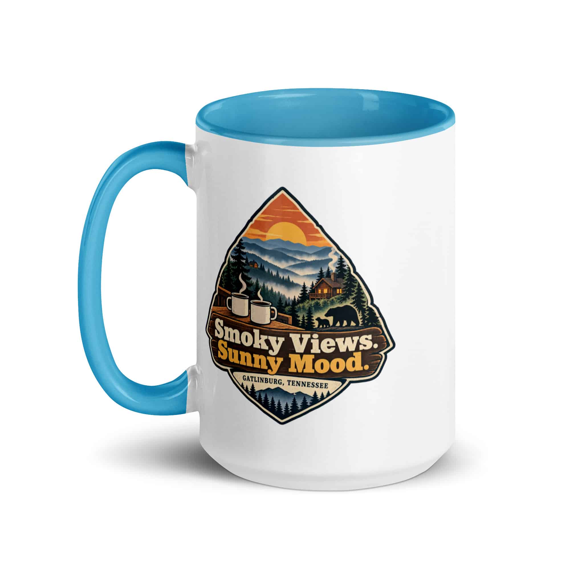 Gatlinburg and the Smokies Color Inside Coffee Mug: Smoky Views. Sunny Mood, Scenic Shield Badge