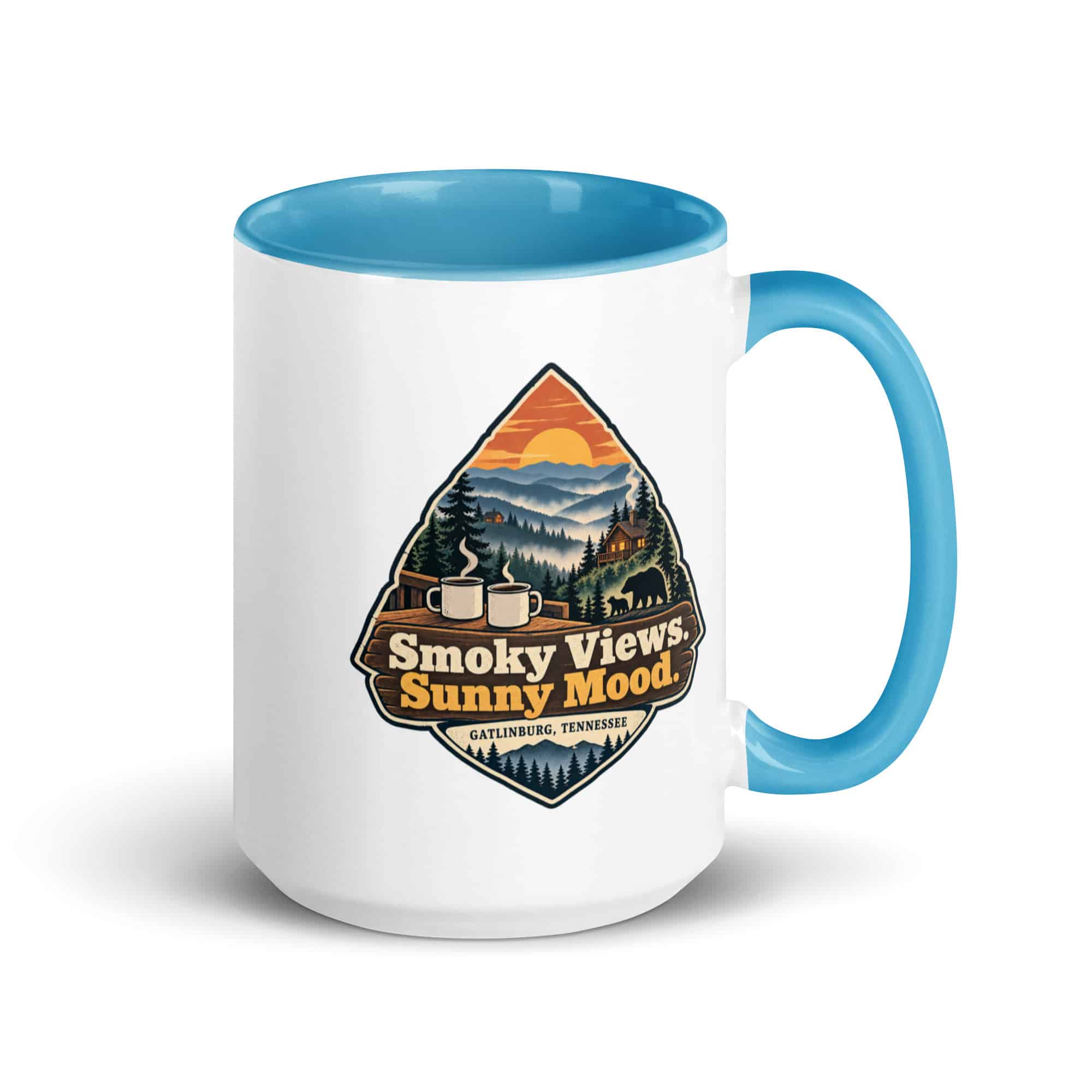 Gatlinburg and the Smokies Color Inside Coffee Mug: Smoky Views. Sunny Mood, Scenic Shield Badge