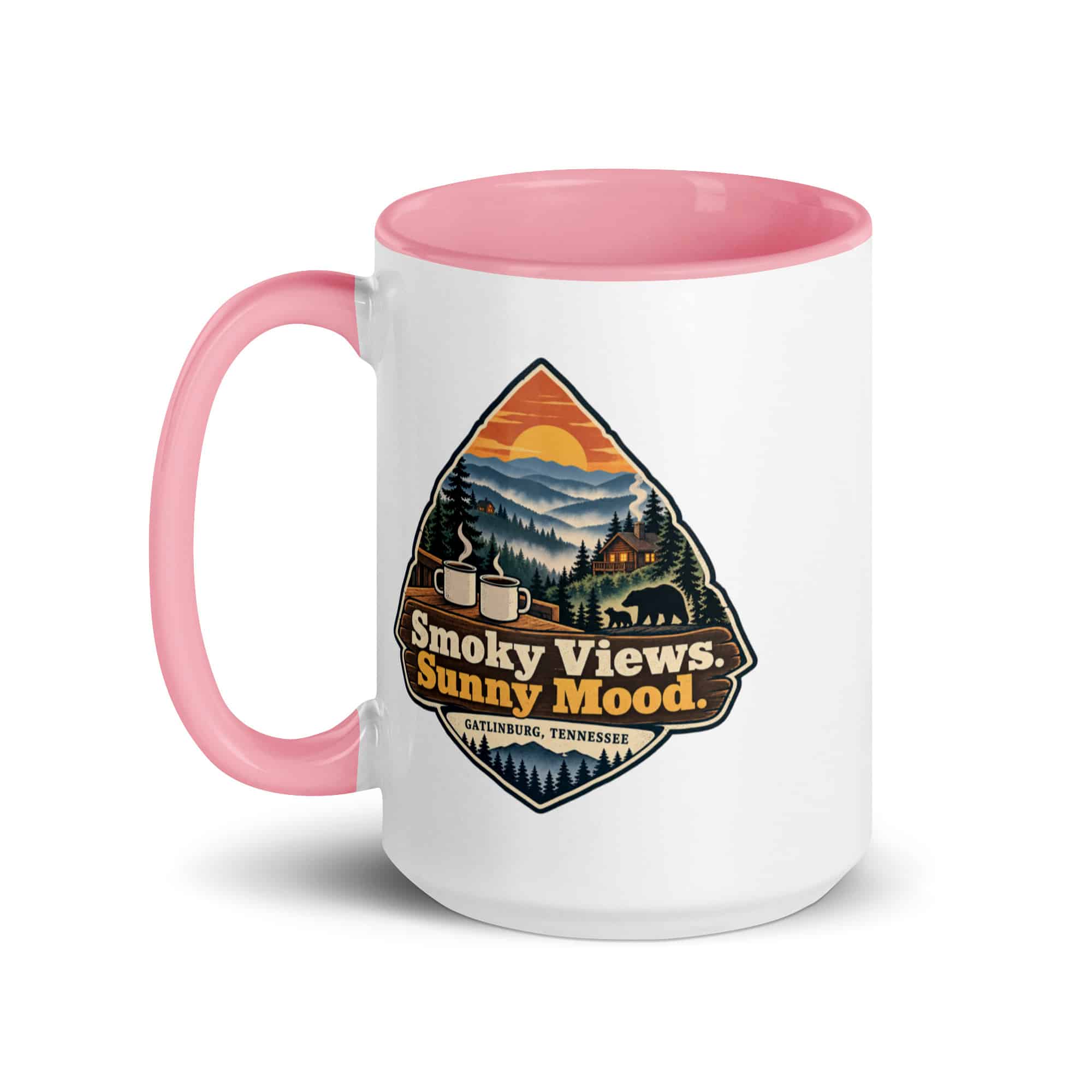 Gatlinburg and the Smokies Color Inside Coffee Mug: Smoky Views. Sunny Mood, Scenic Shield Badge