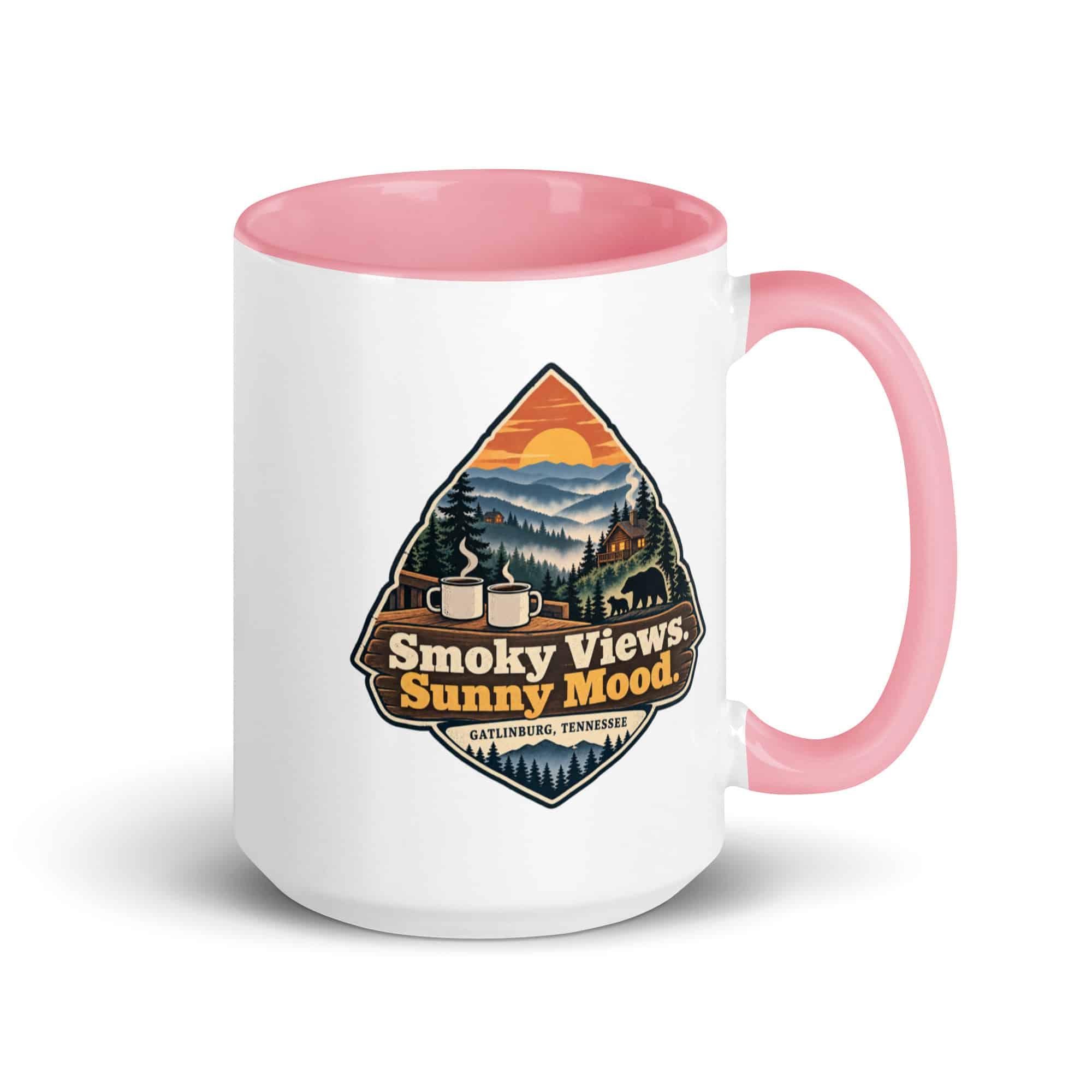 Gatlinburg and the Smokies Color Inside Coffee Mug: Smoky Views. Sunny Mood, Scenic Shield Badge