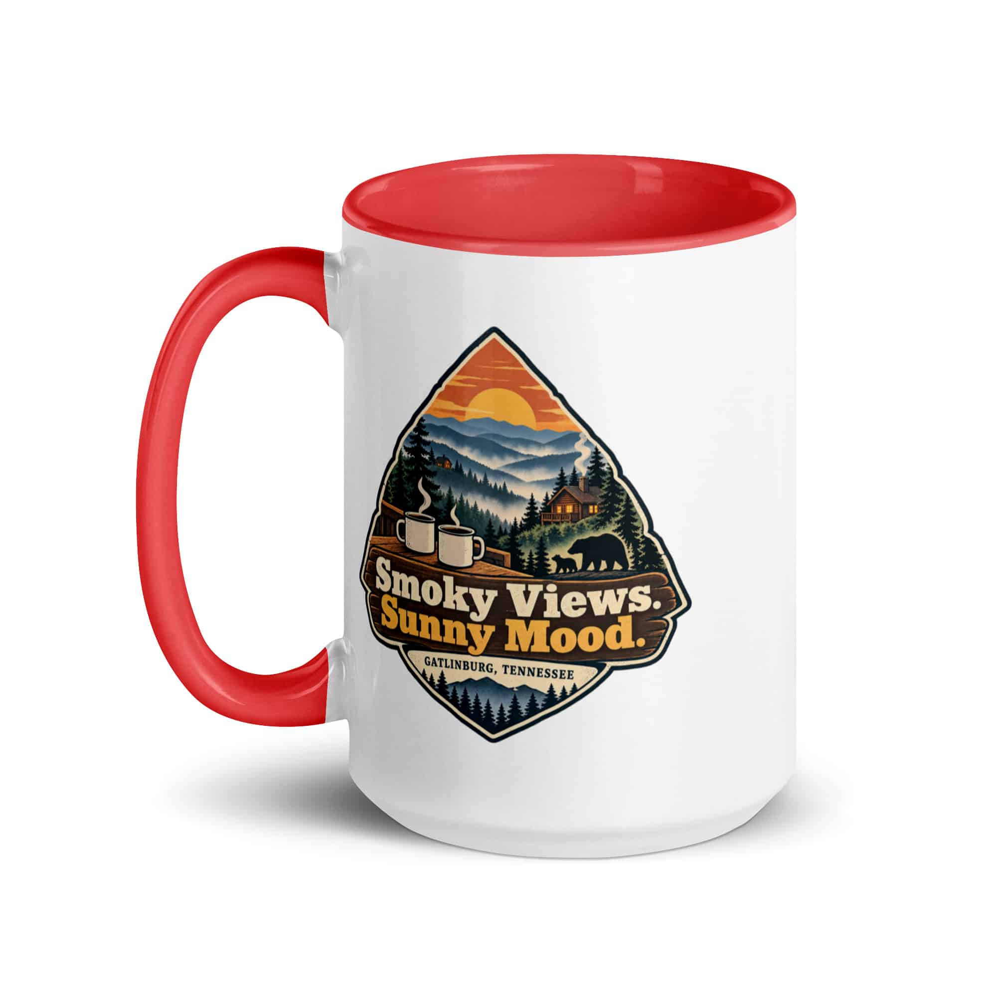 Gatlinburg and the Smokies Color Inside Coffee Mug: Smoky Views. Sunny Mood, Scenic Shield Badge