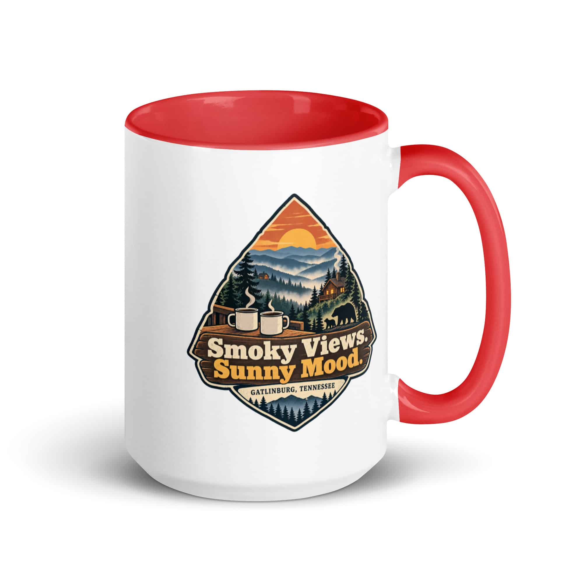 Gatlinburg and the Smokies Color Inside Coffee Mug: Smoky Views. Sunny Mood, Scenic Shield Badge
