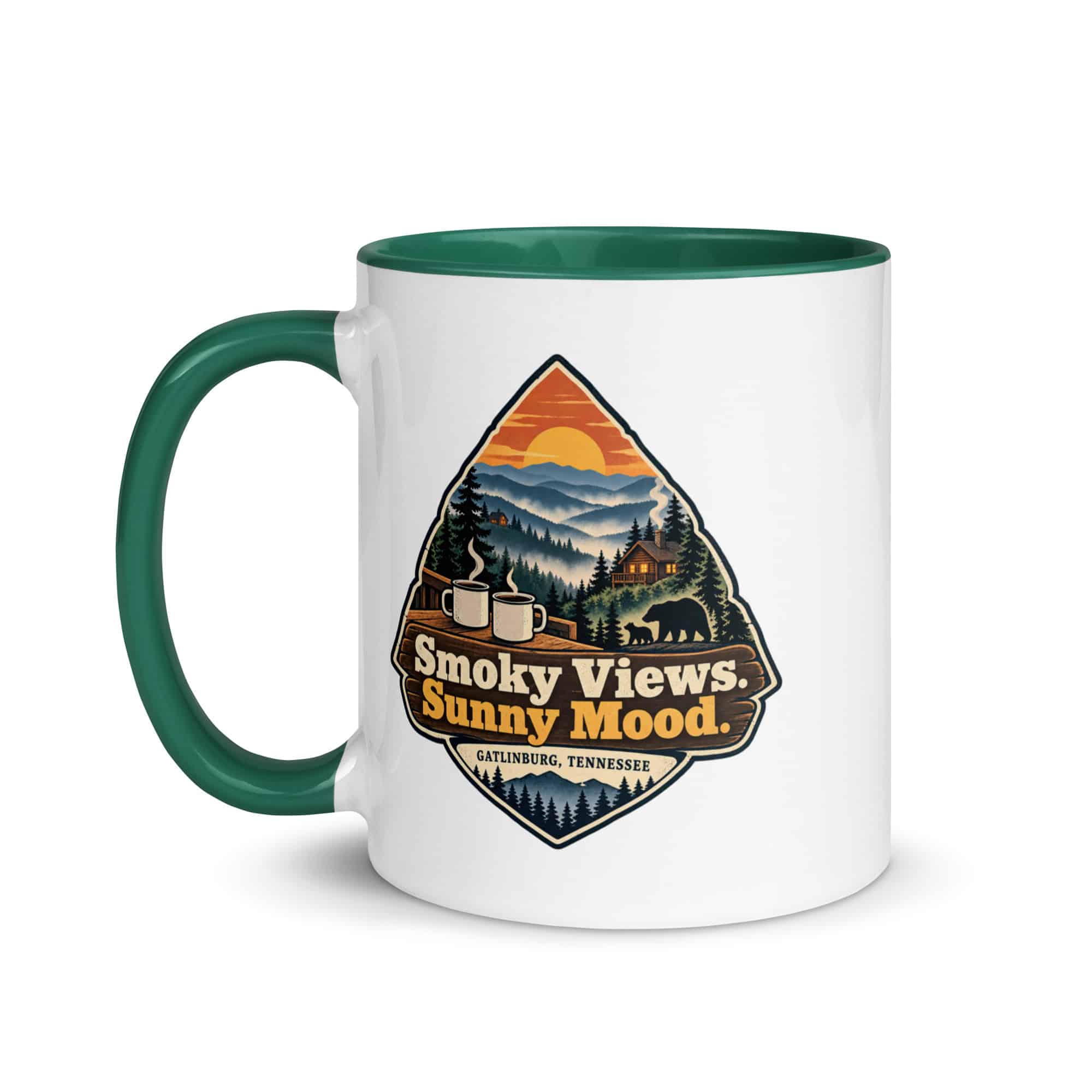 Gatlinburg and the Smokies Color Inside Coffee Mug: Smoky Views. Sunny Mood, Scenic Shield Badge