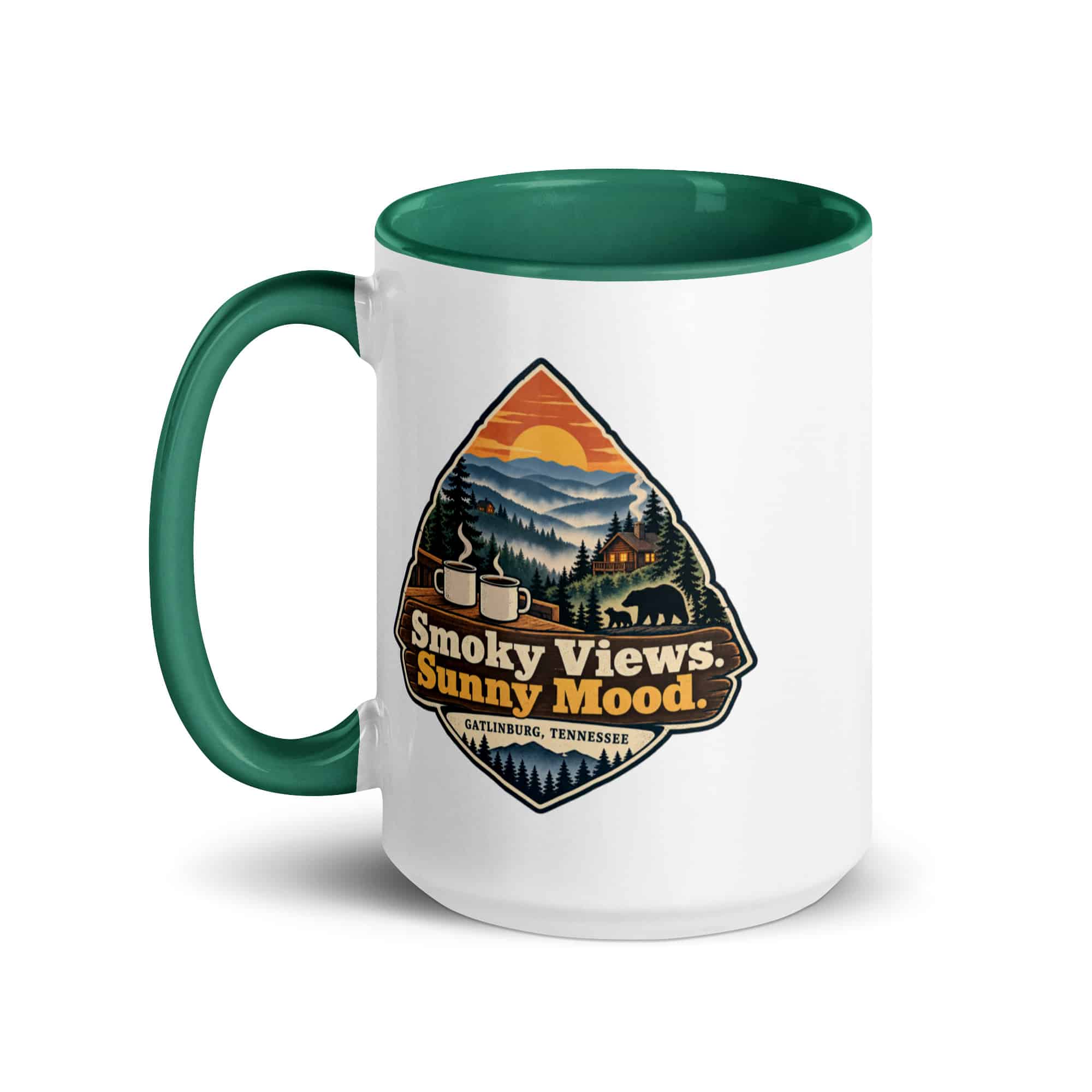 Gatlinburg and the Smokies Color Inside Coffee Mug: Smoky Views. Sunny Mood, Scenic Shield Badge
