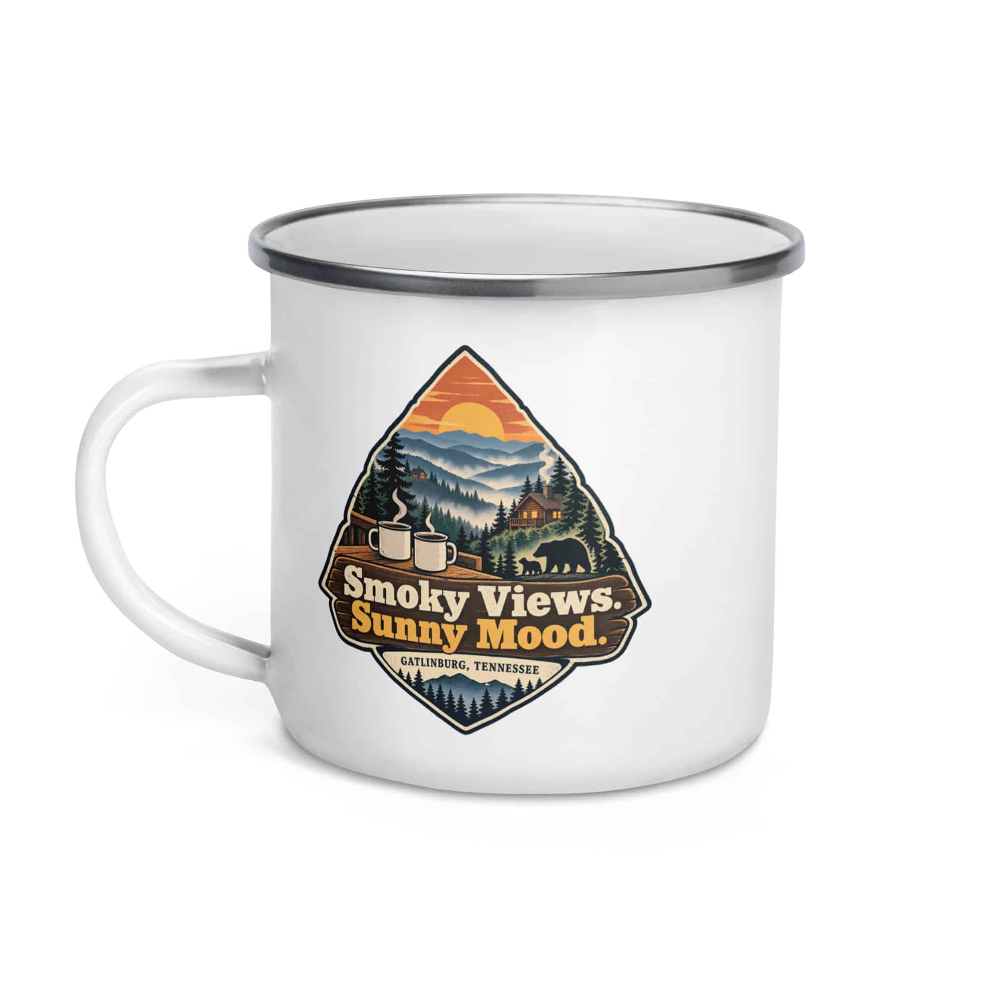 Gatlinburg and the Smokies Enamel Camp Mug: Smoky Views. Sunny Mood, Scenic Shield Badge