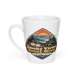 Gatlinburg and the Smokies Latte Mug: Smoky Views. Sunny Mood, Scenic Shield Badge - 12 oz - Main