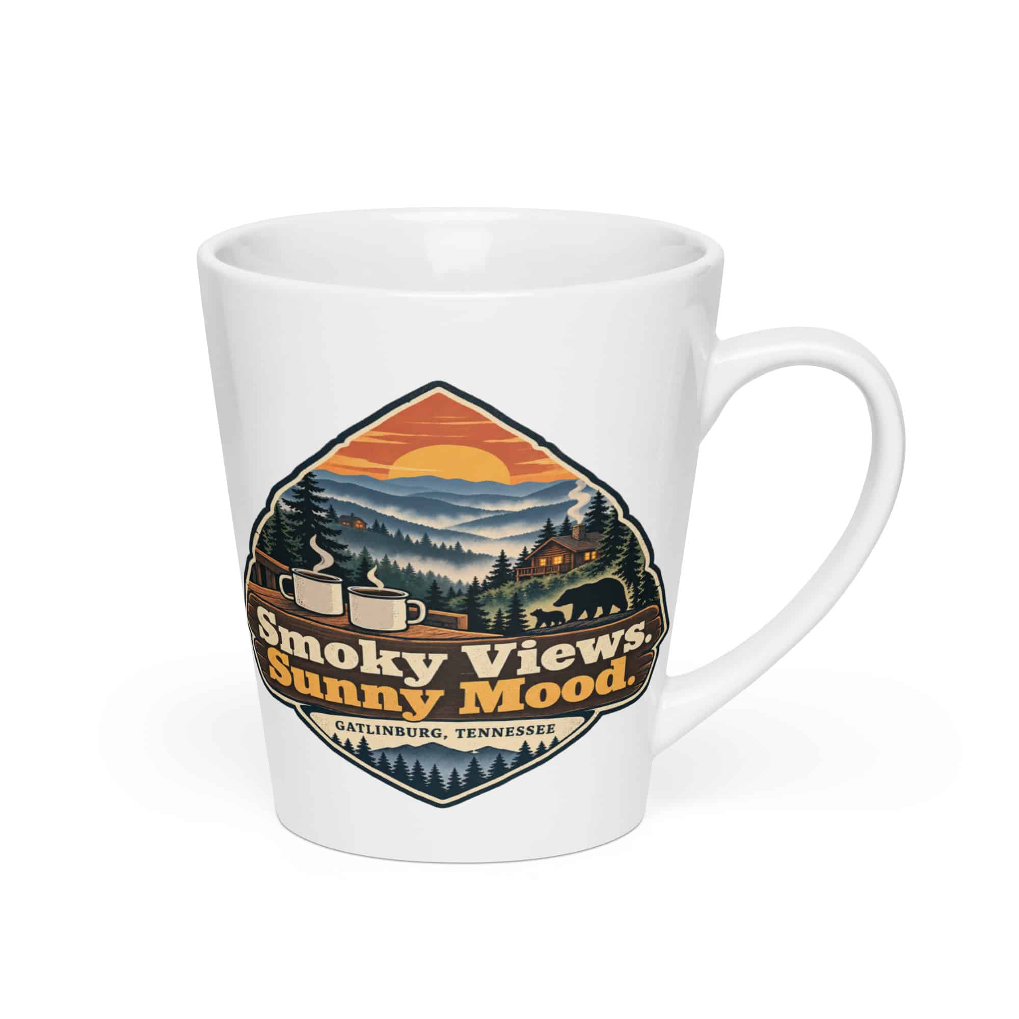 Gatlinburg and the Smokies Latte Mug: Smoky Views. Sunny Mood, Scenic Shield Badge
