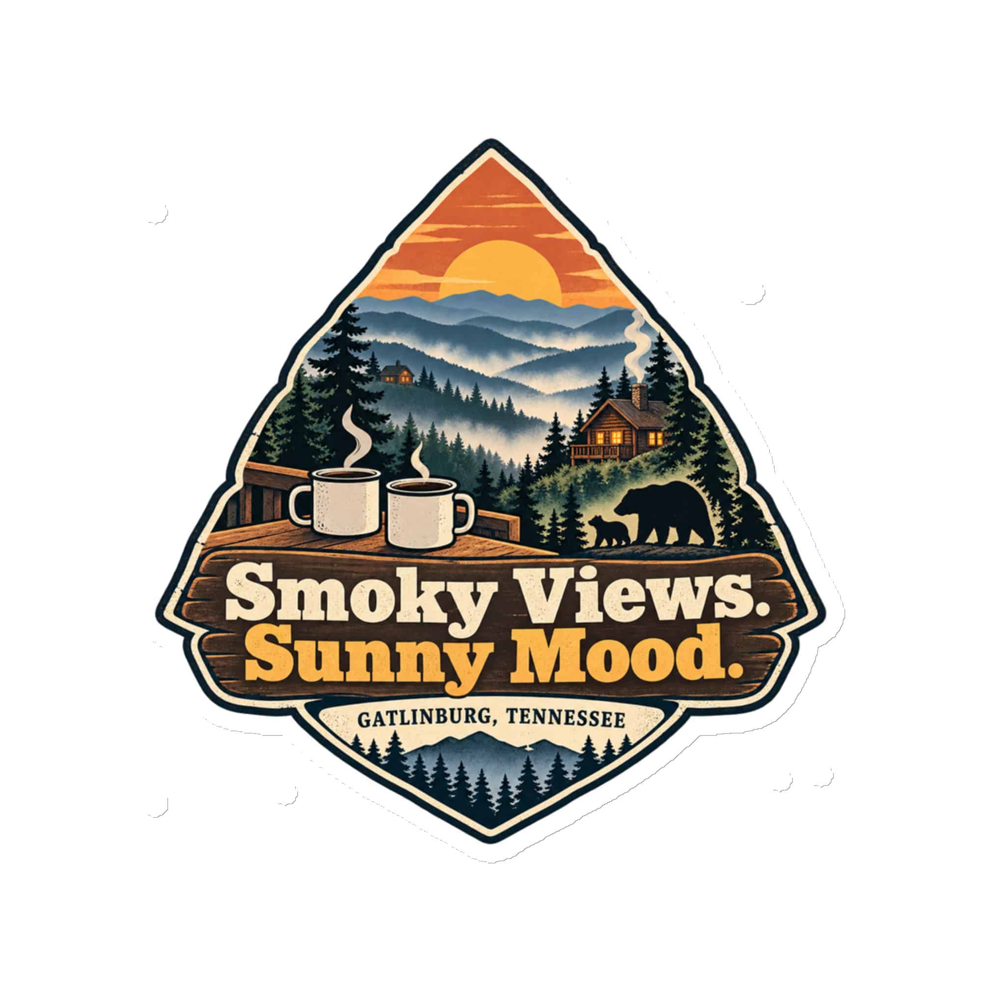 Gatlinburg and the Smokies Die-Cut Magnet: Smoky Views. Sunny Mood, Scenic Shield Badge