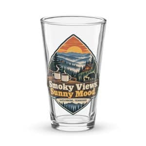 Gatlinburg and the Smokies Pint Glass: Smoky Views. Sunny Mood, Scenic Shield Badge - 16 oz - Main