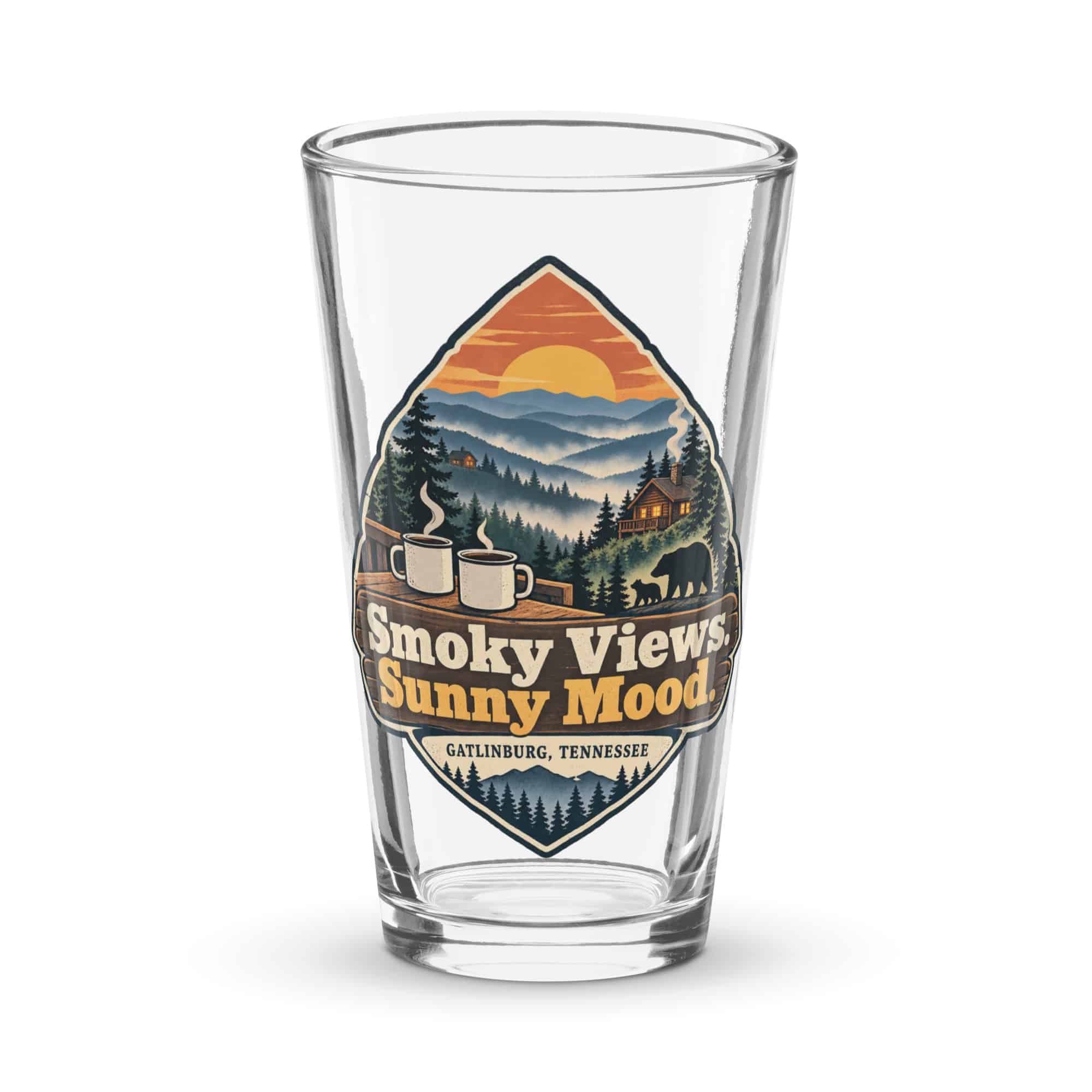 Gatlinburg and the Smokies Pint Glass: Smoky Views. Sunny Mood, Scenic Shield Badge