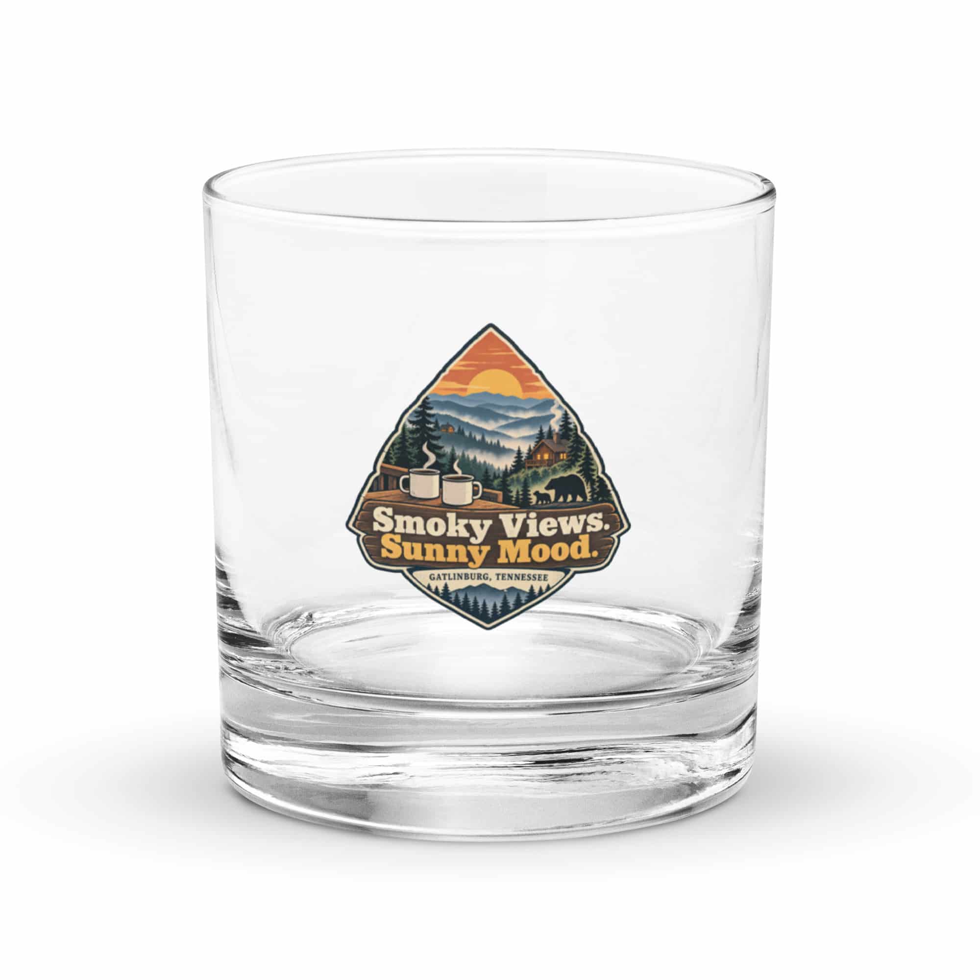 Gatlinburg and the Smokies Rocks Glass: Smoky Views. Sunny Mood, Scenic Shield Badge